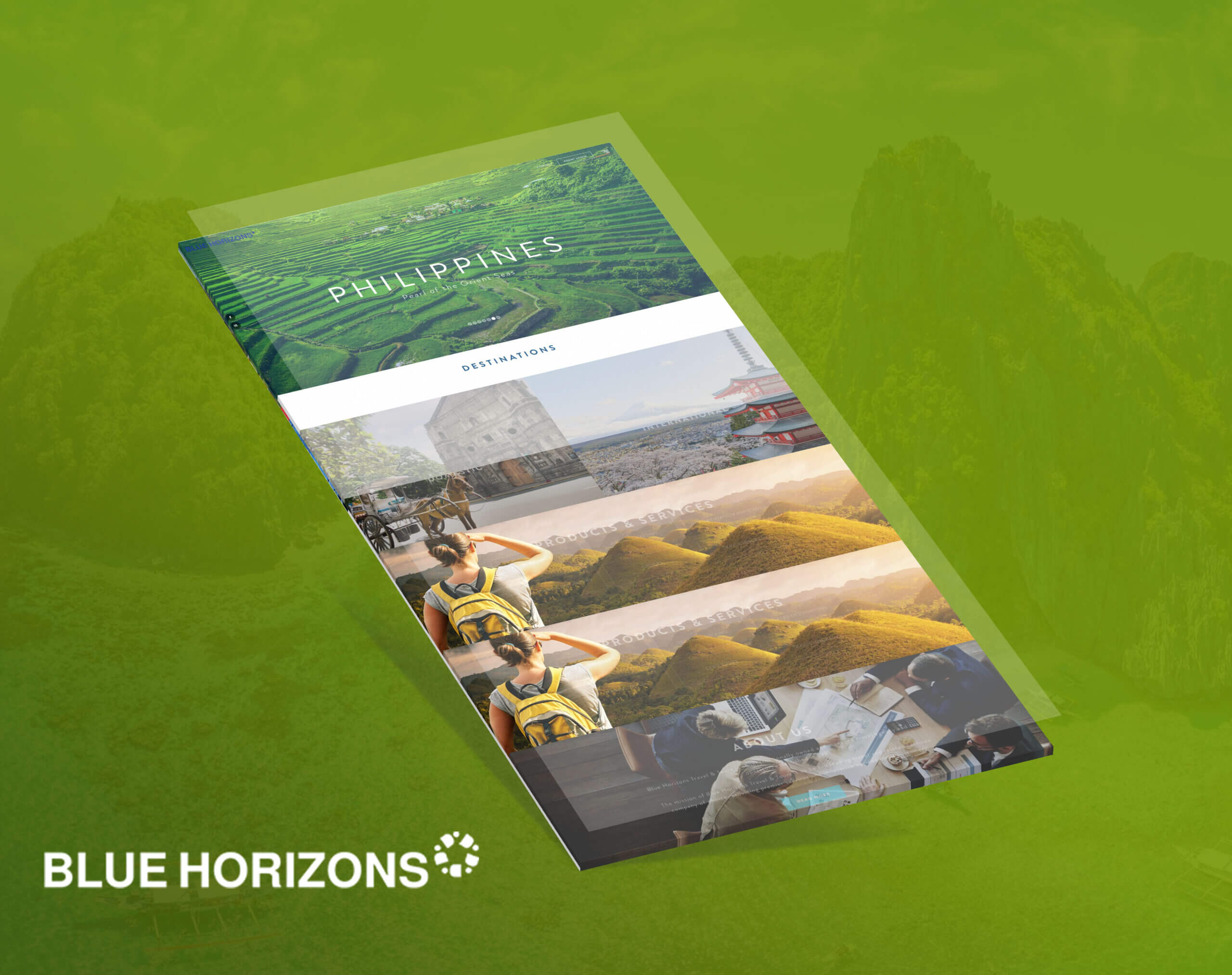 A vertical mockup of the Blue Horizons website displaying various travel images and text against a green mountain background.