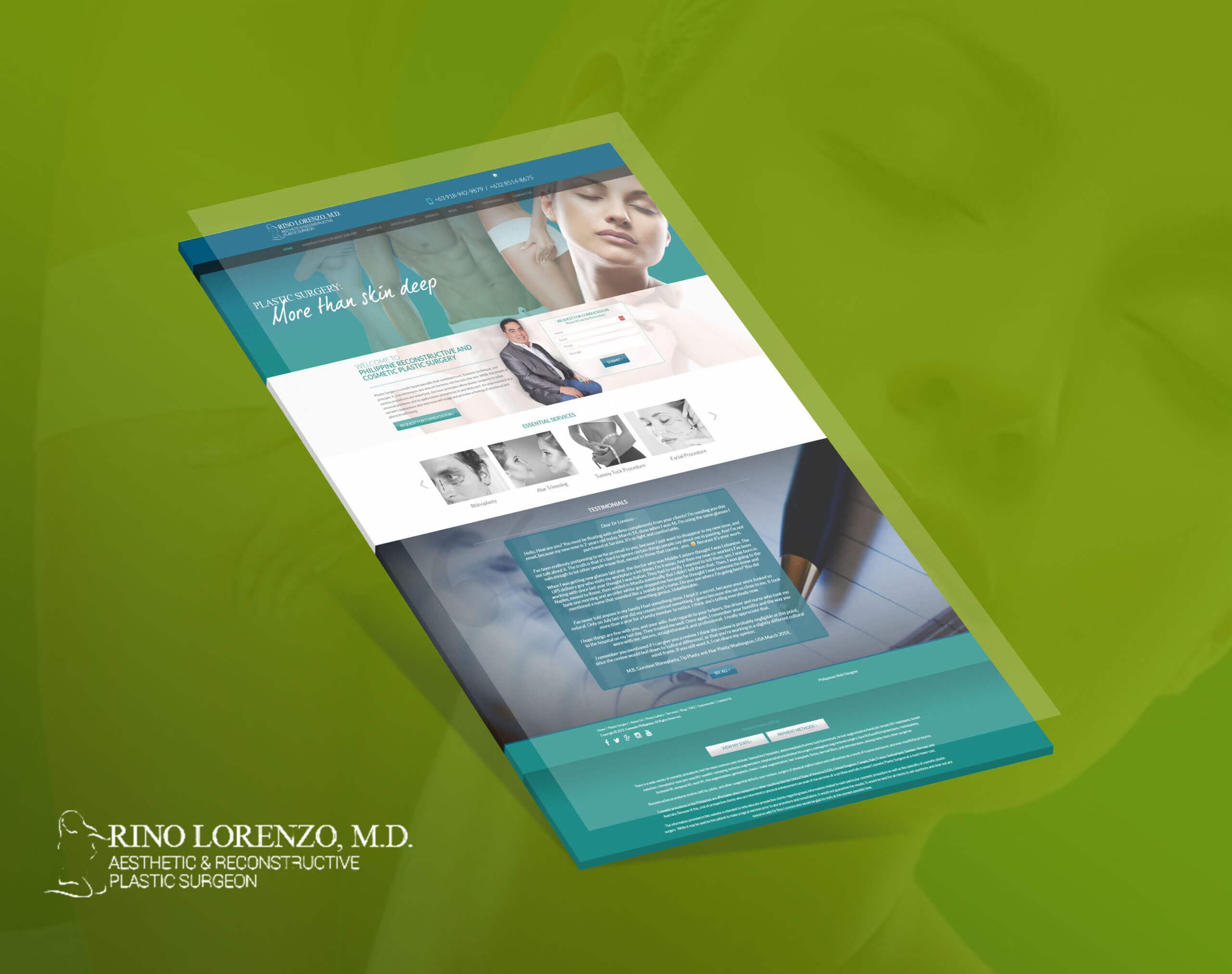 A slightly angled view of a webpage for a plastic surgery clinic in the Philippines, showcasing their logo and contact information on a green background.