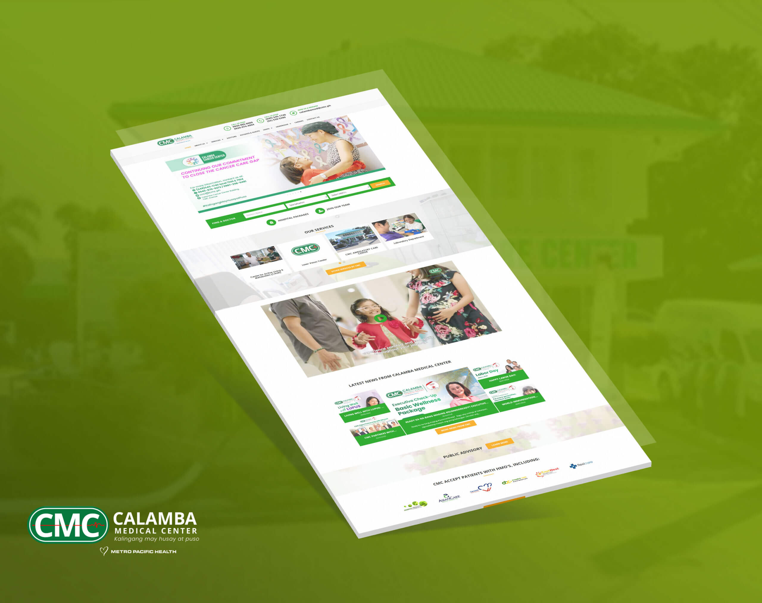 An angled view of a webpage for Calamba Medical Center, featuring a white-and-green design, with sections for services, news, and contact information.