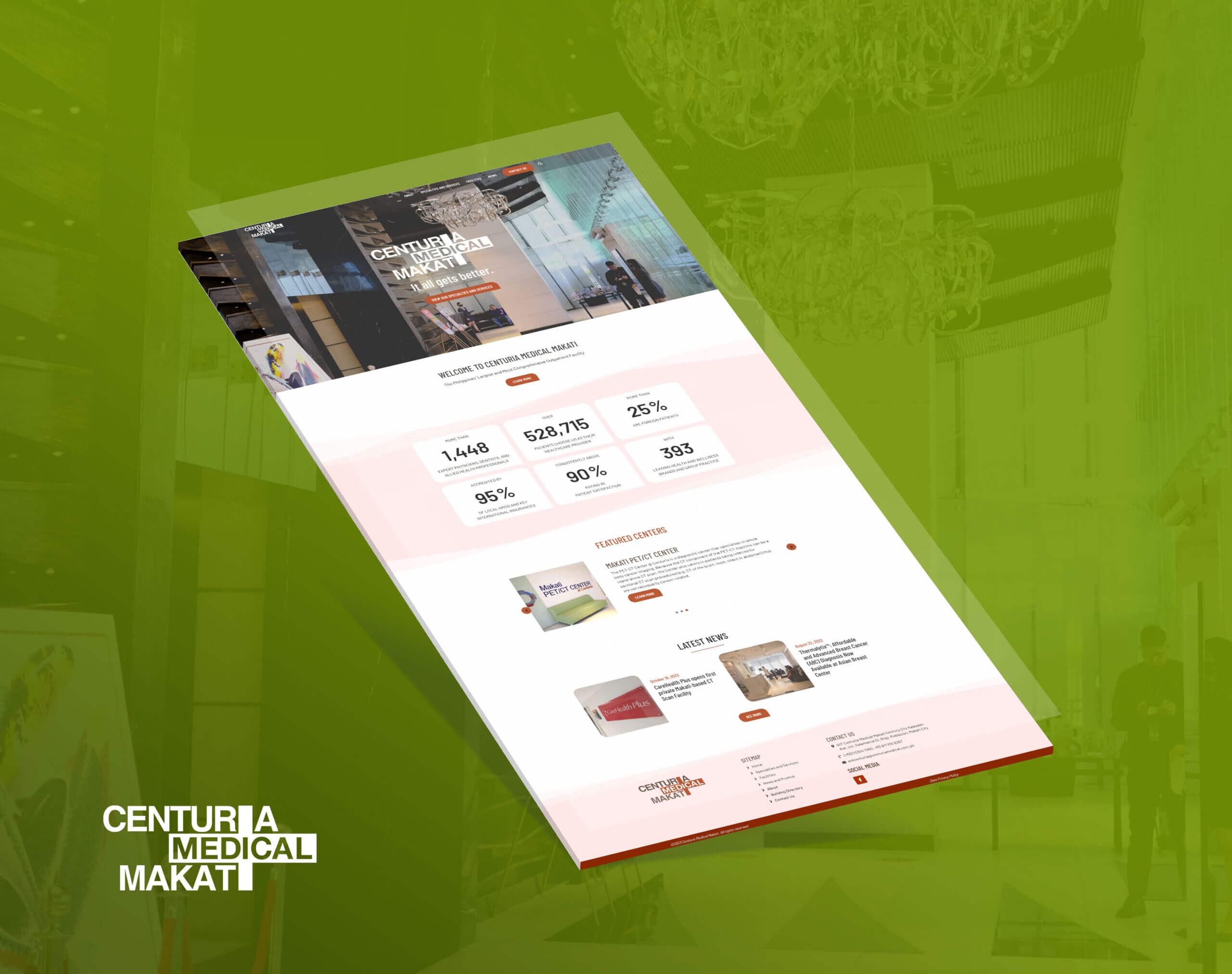 A mockup of the Centuria Medical Makati website displayed diagonally against a green background.