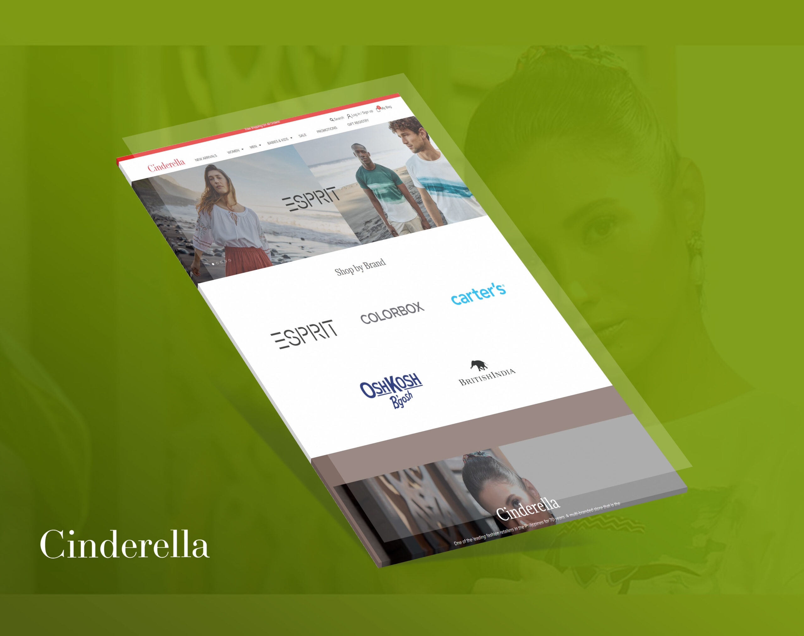 A tilted mockup of the Cinderella e-commerce website on a green background.