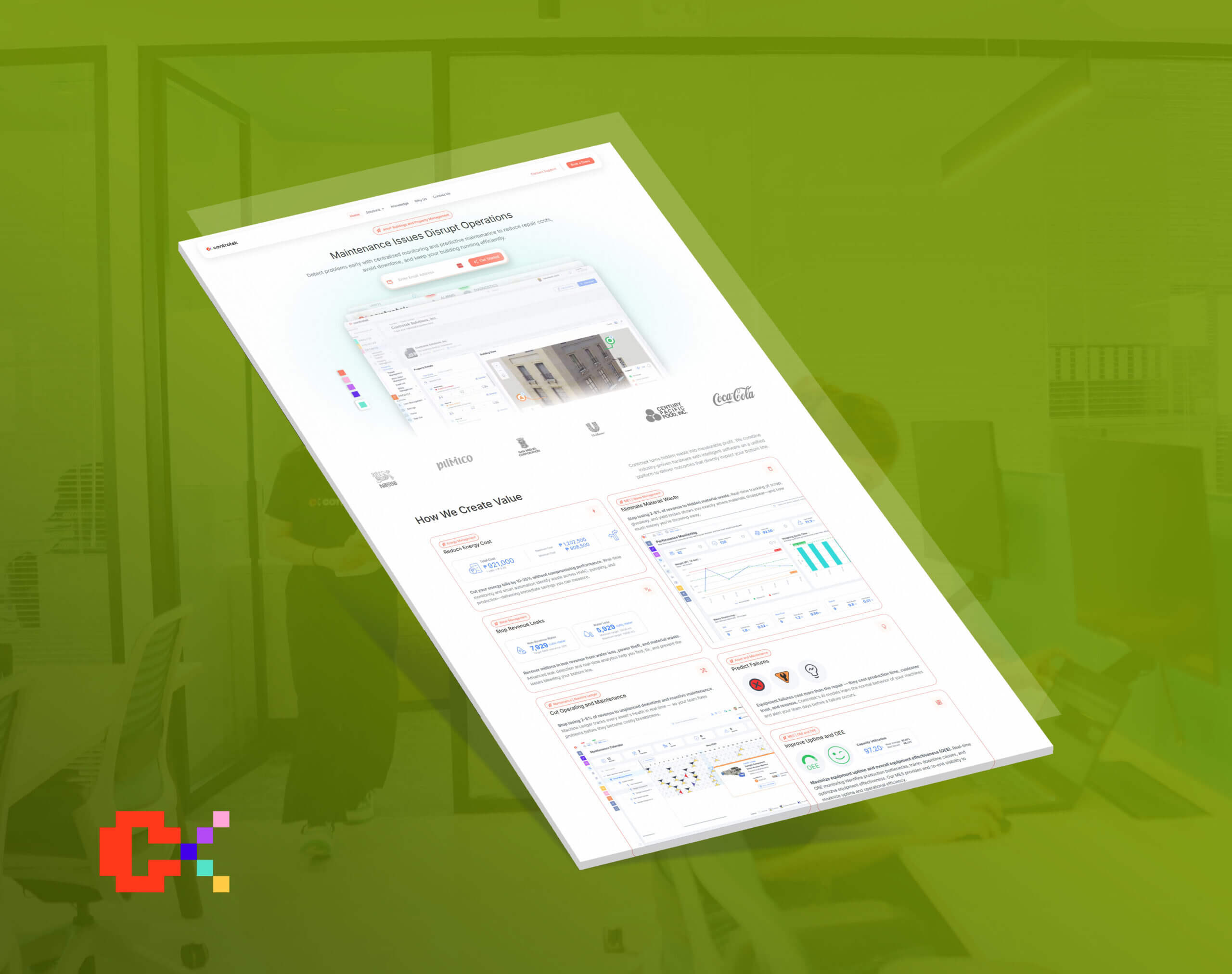 A webpage mockup showcasing Controtek's operations and maintenance solutions, set against a blurred office background.
