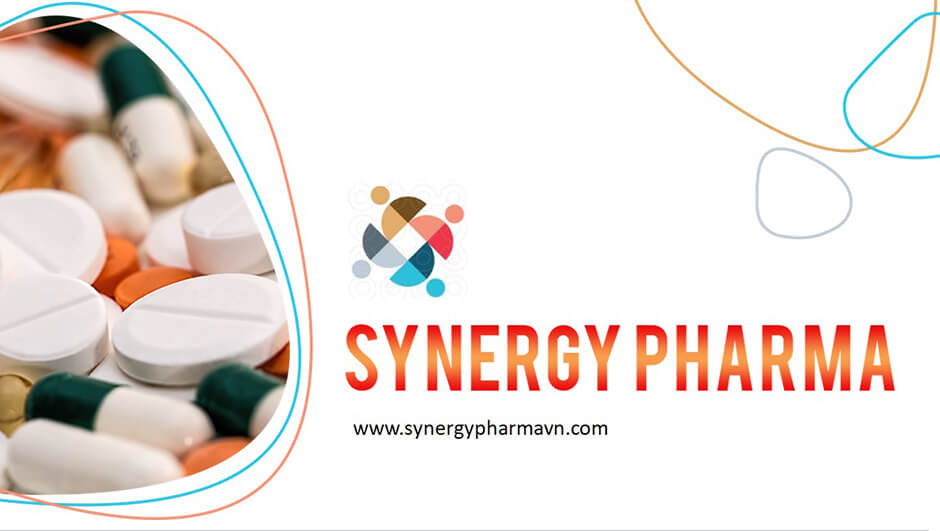 A presentation cover features pills on the left and the Synergy Pharma logo and text on the right.