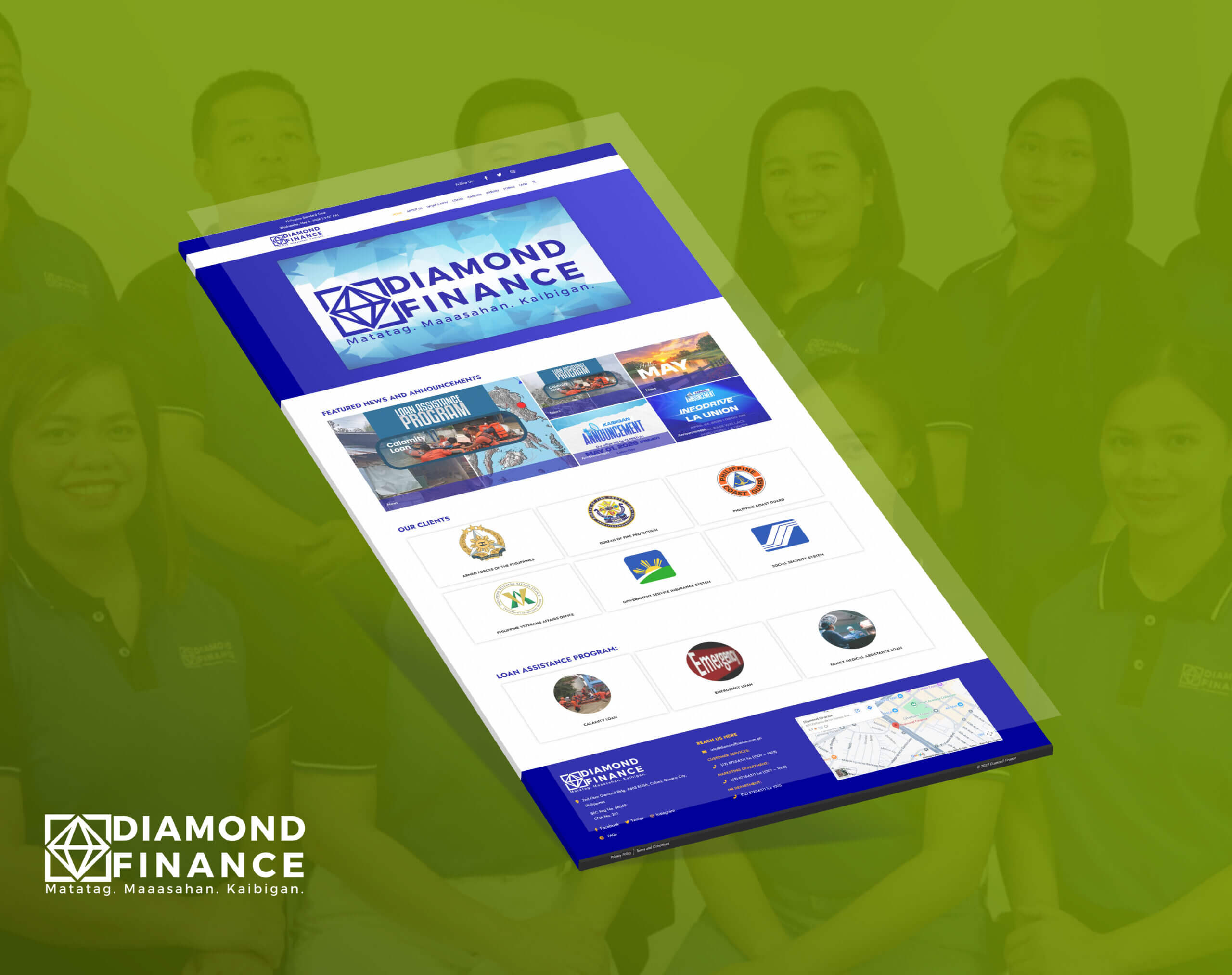 A tilted tablet displays the Diamond Finance website over a green background featuring smiling employees, showcasing its homepage with loan assistance programs and company logos.