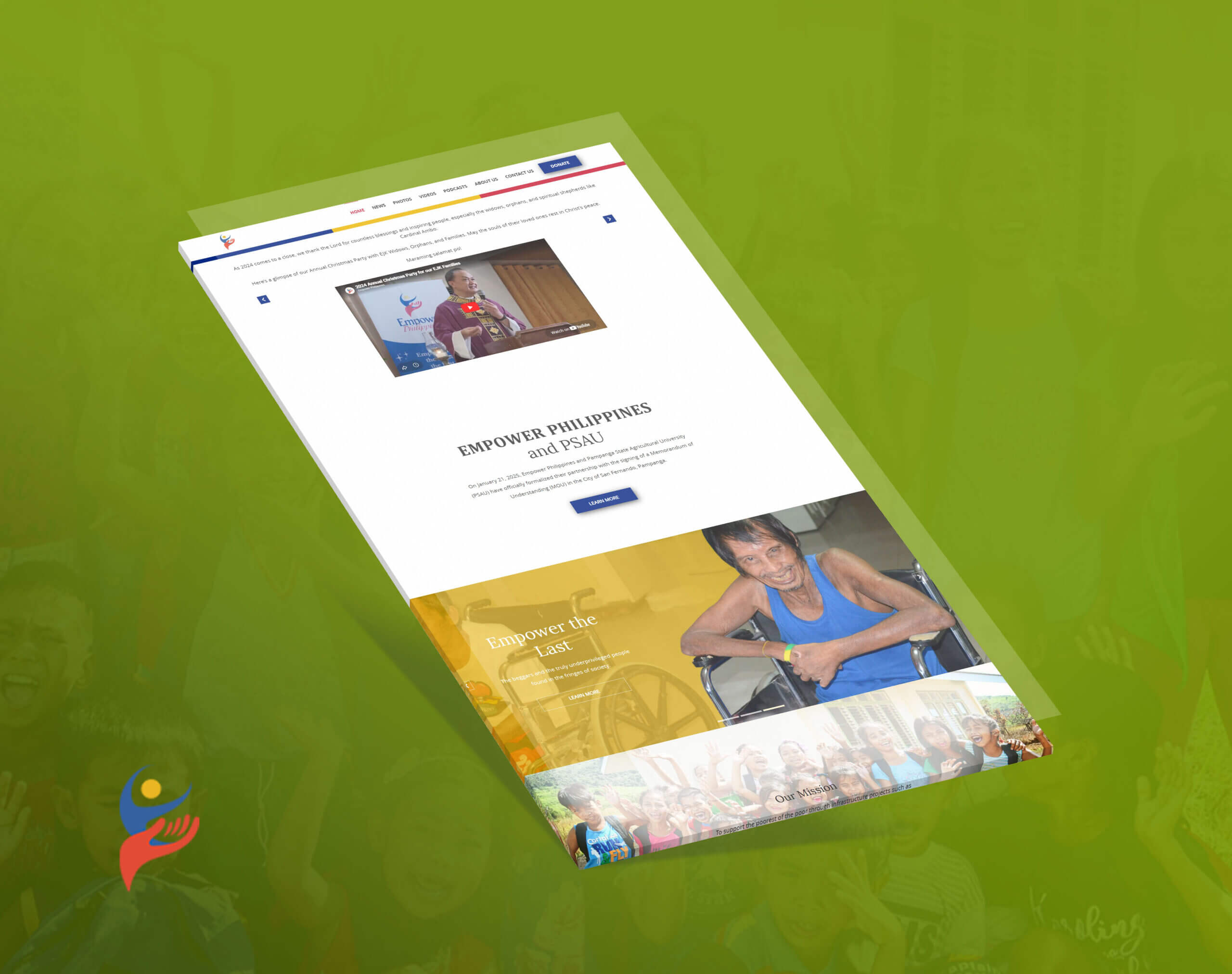 A tilted view of a webpage for Empower Philippines, featuring a video, a section about Empower Philippines and PSAU, and an Empower the Last section.