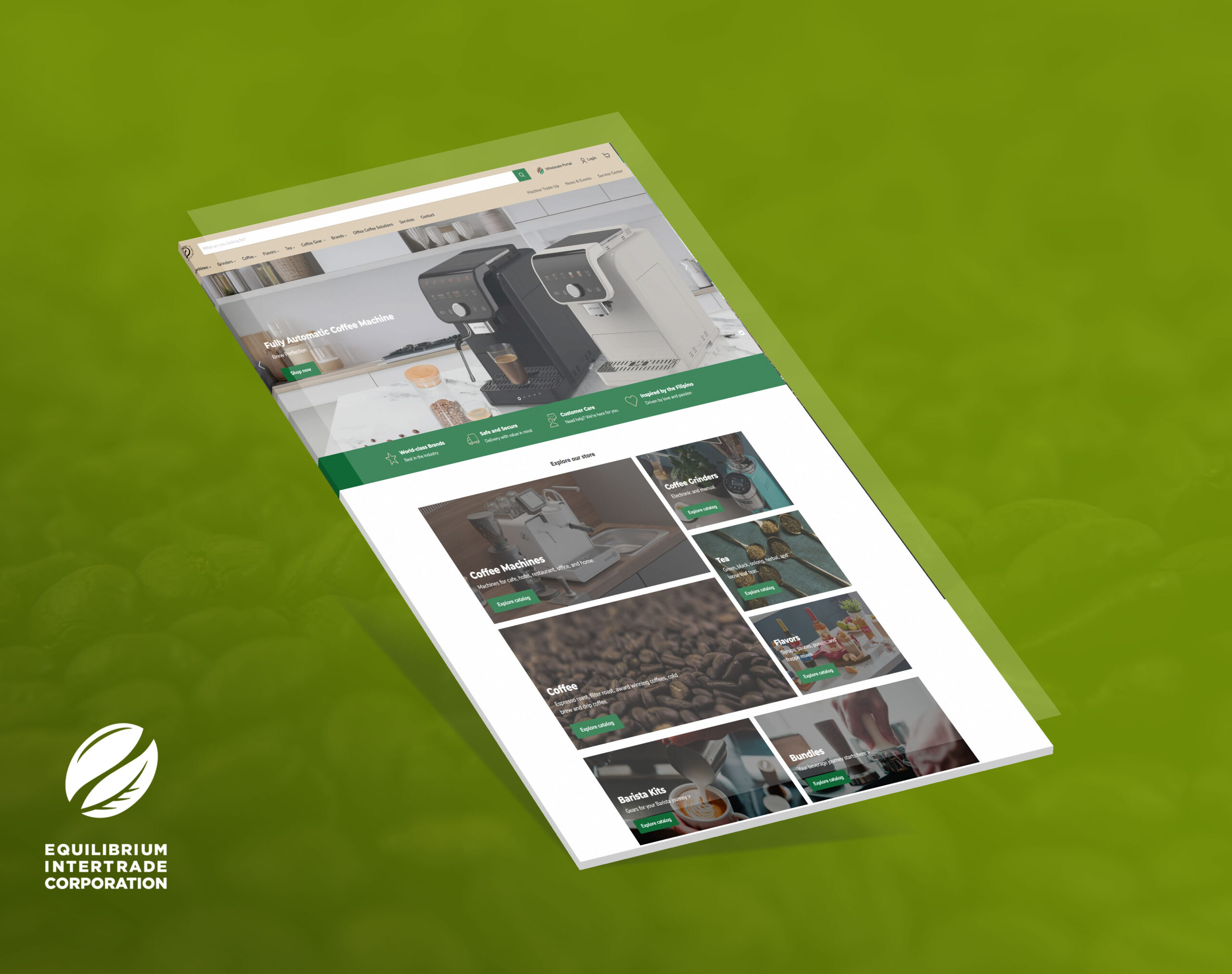 A tilted screenshot of a coffee e-commerce website with a green and white color scheme, featuring two espresso machines at the top and product categories below, set against a green background with the Equilibrium Intertrade Corporation logo in the bottom left corner.
