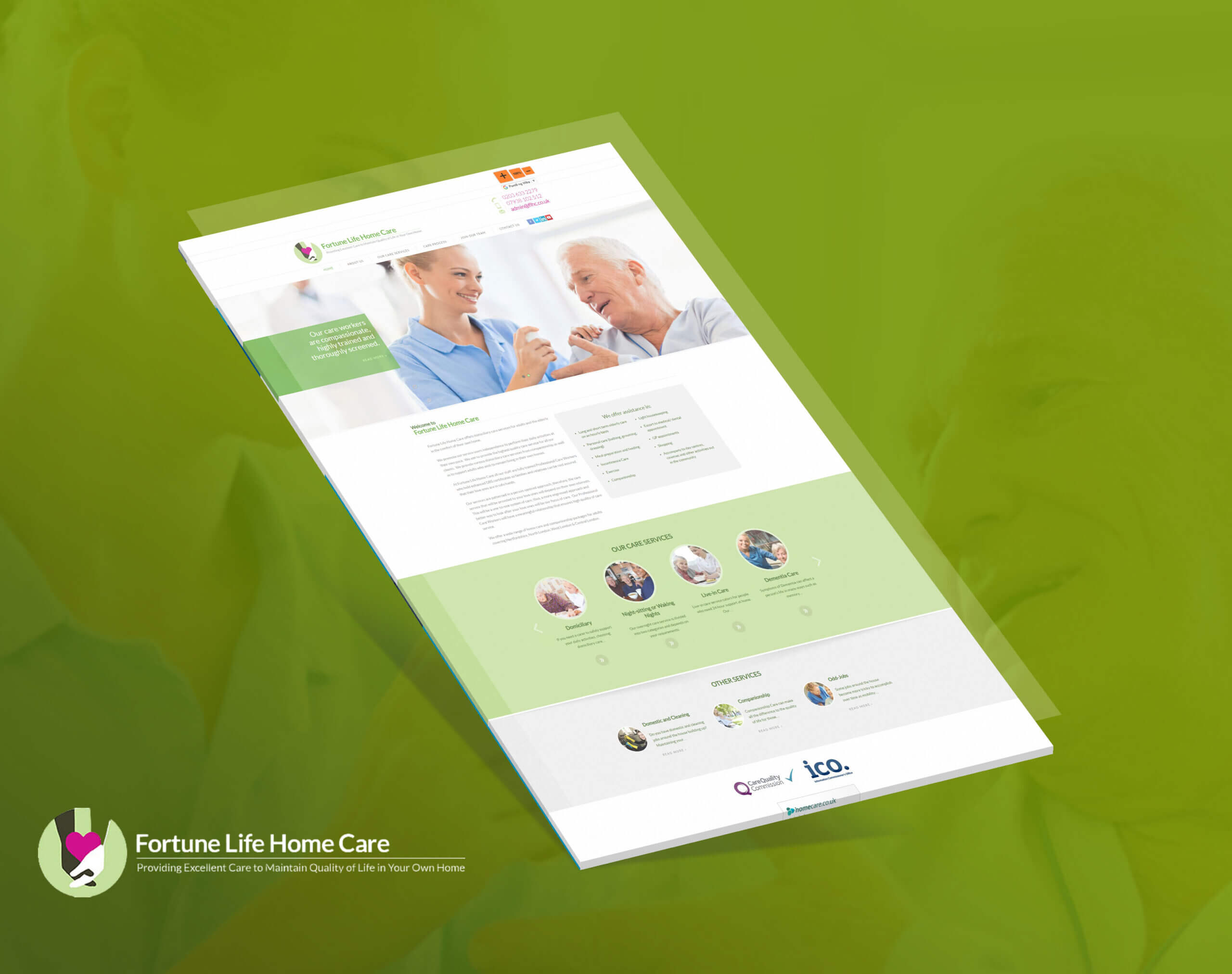 A webpage design for Fortune Life Home Care shown at a slight angle on a green background.