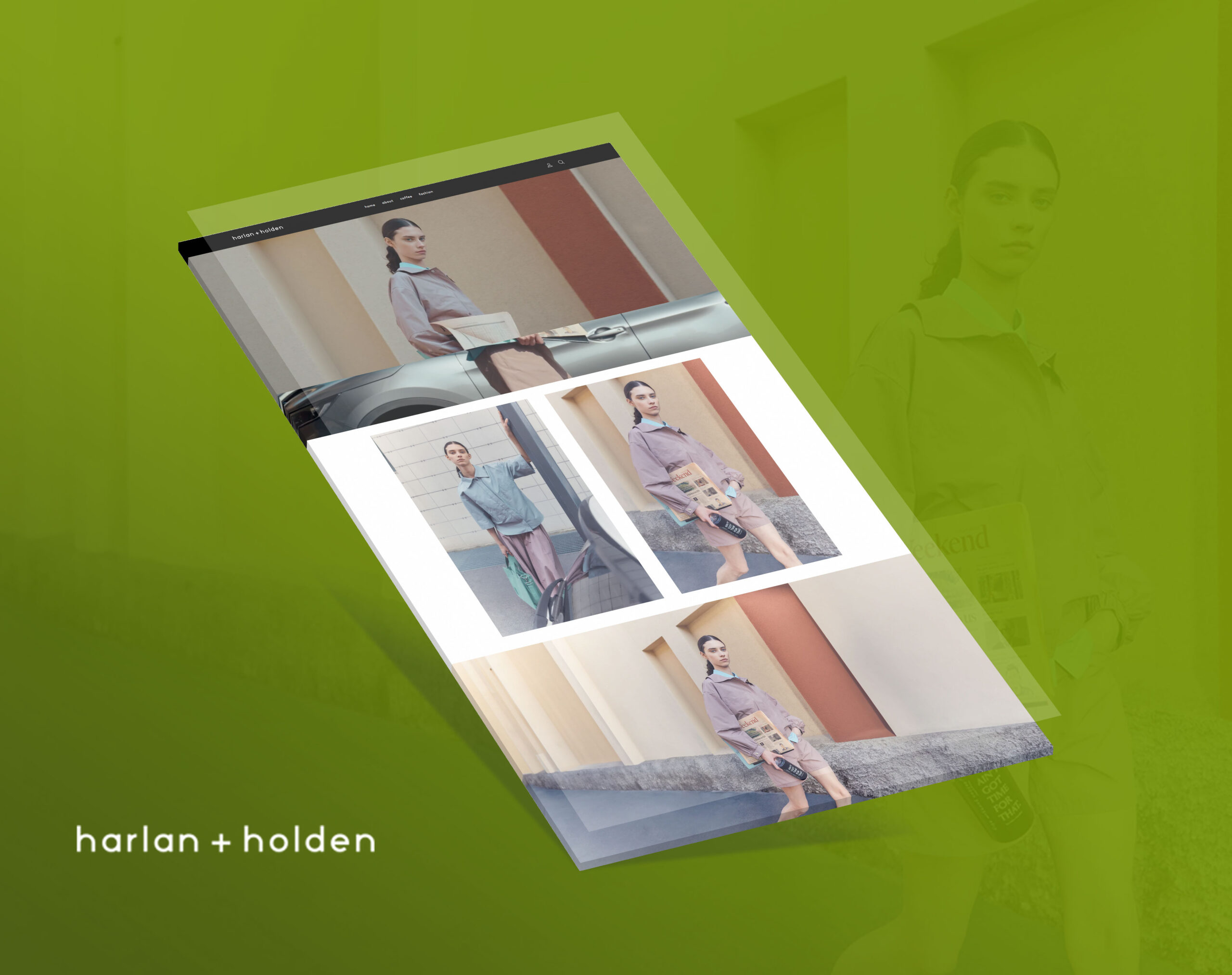 A tilted mockup of a website for Harlen + Holden showcases a fashion brand featuring a woman wearing casual clothes.