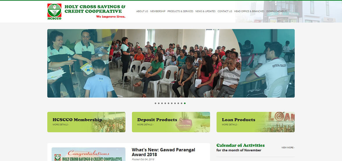 Screenshot of the Holy Cross Savings and Credit Cooperative website showcasing navigation links, a photo gallery of community events, and service sections for membership, deposit products, and loan products.
