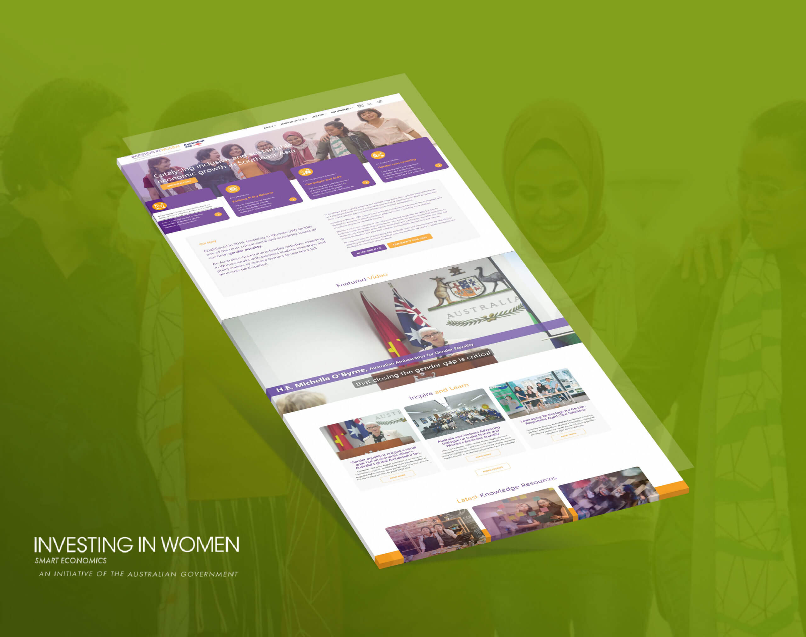 A mockup of the Investing in Women website displayed at an angle against a green background, featuring banners about gender equality and economic growth.