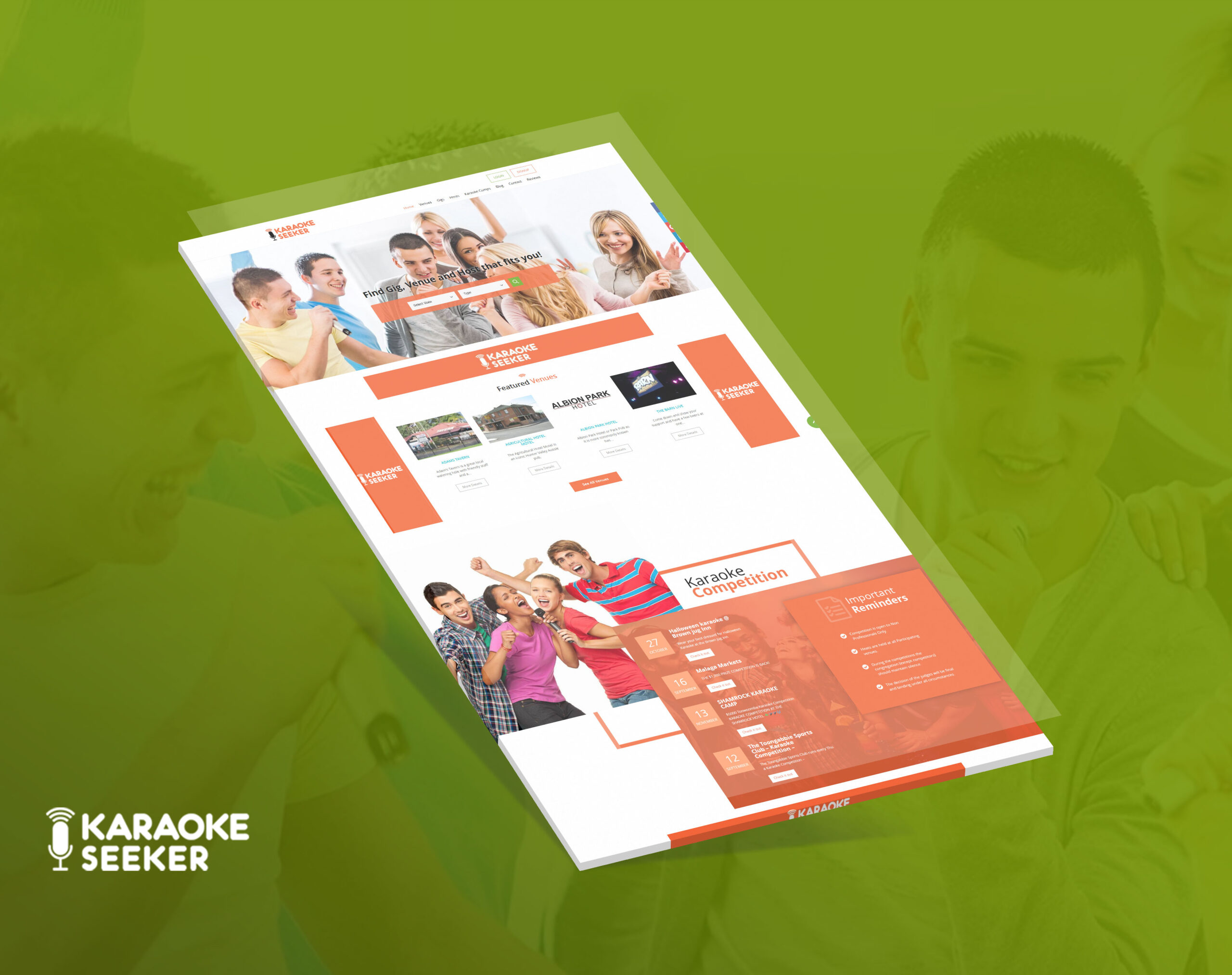 A laptop showing the Karaoke-Seeker website set against an olive-green background.