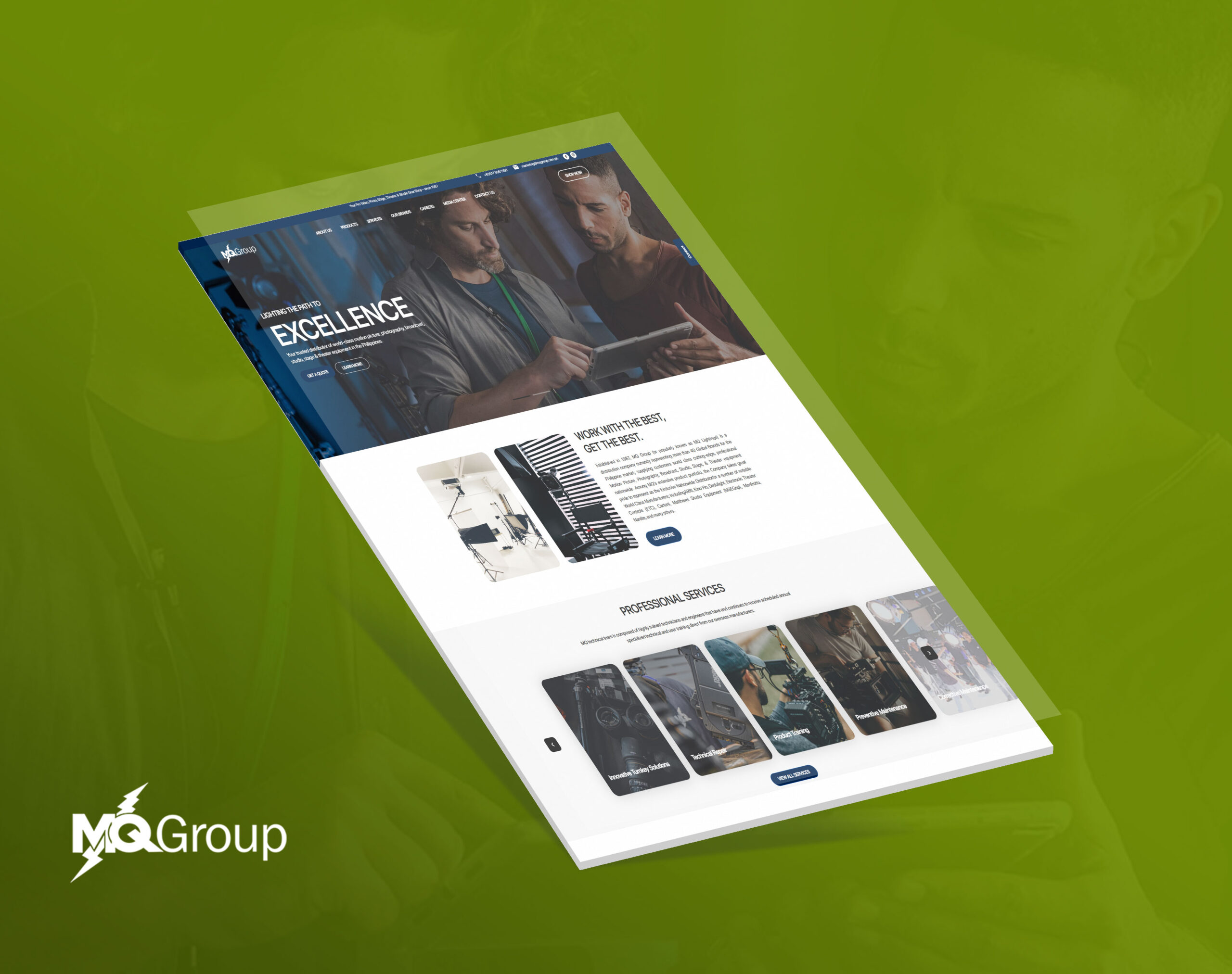 A tilted webpage mockup of the MQ Group website, displayed against a solid green background with a faint watermark of a person.