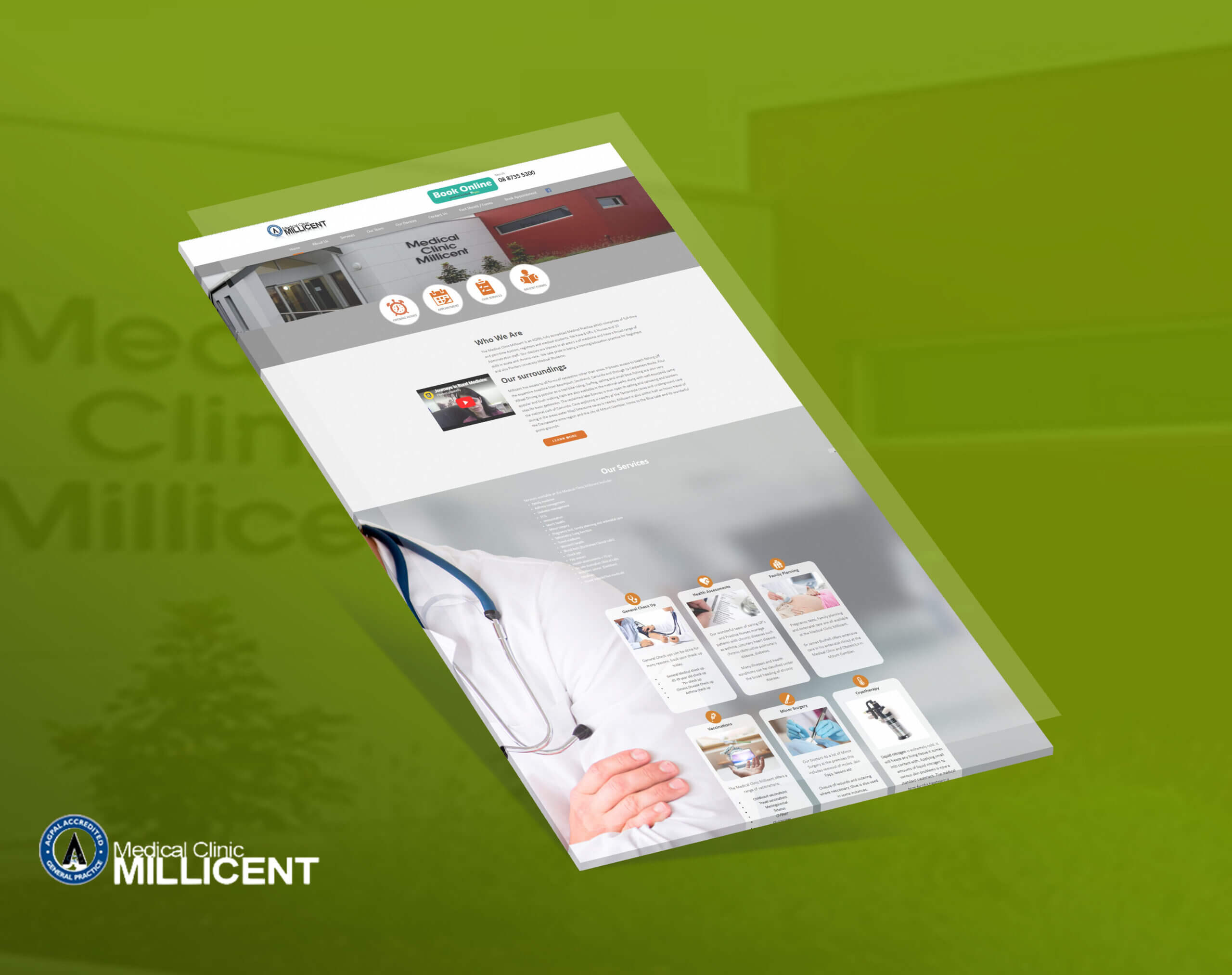 A perspective view of the Medical Clinic Millicent website homepage on a sleek green background, showcasing clinic services and information.