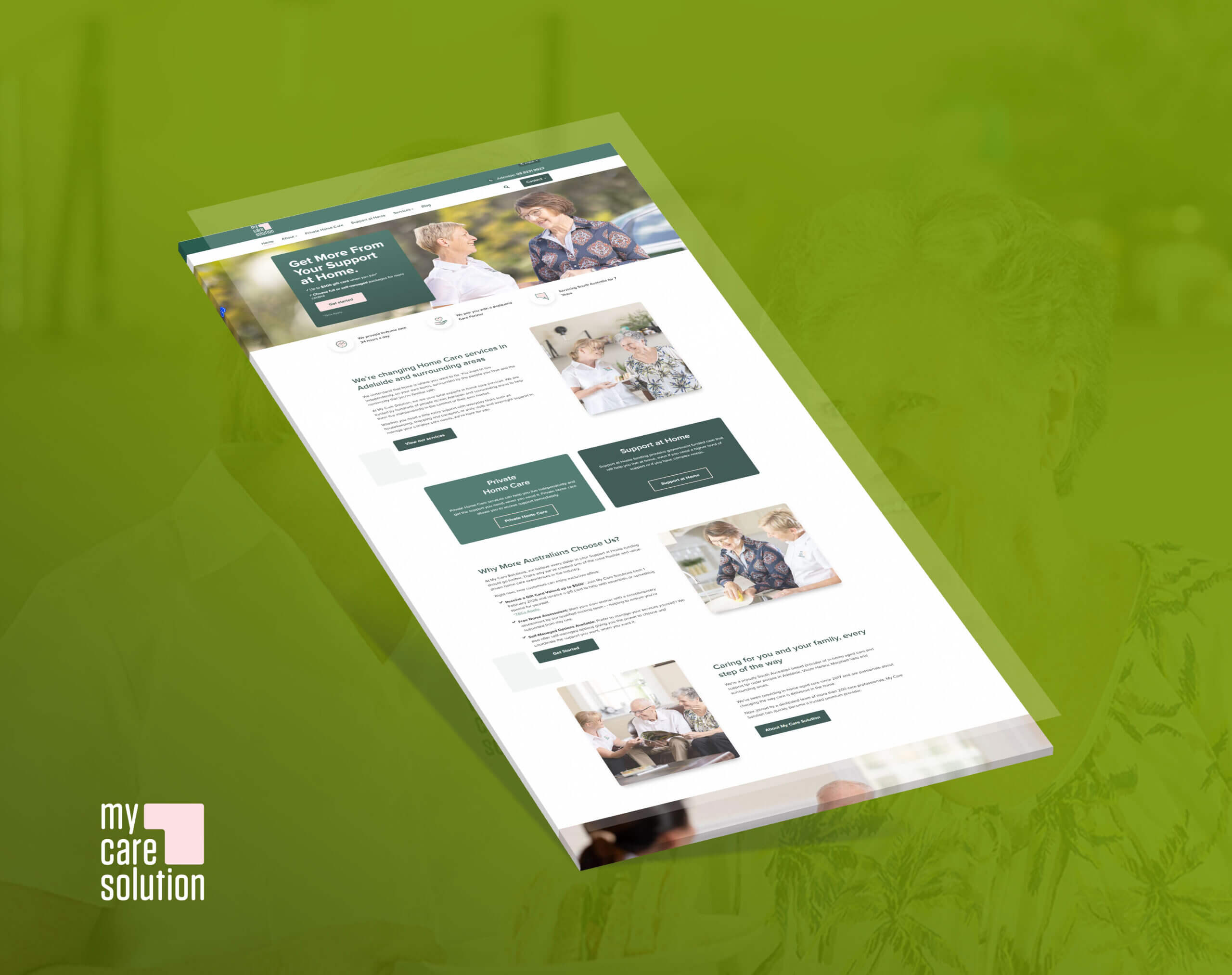 A tilted screenshot of the My Care Solution website homepage on a solid green background, showing various care services and imagery of older adults.