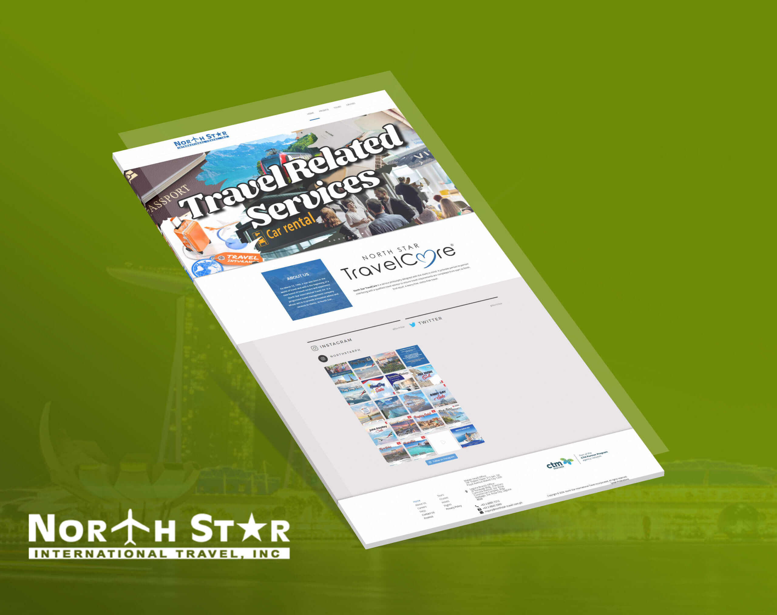 A mockup of the North Star International Travel website on a green background.
