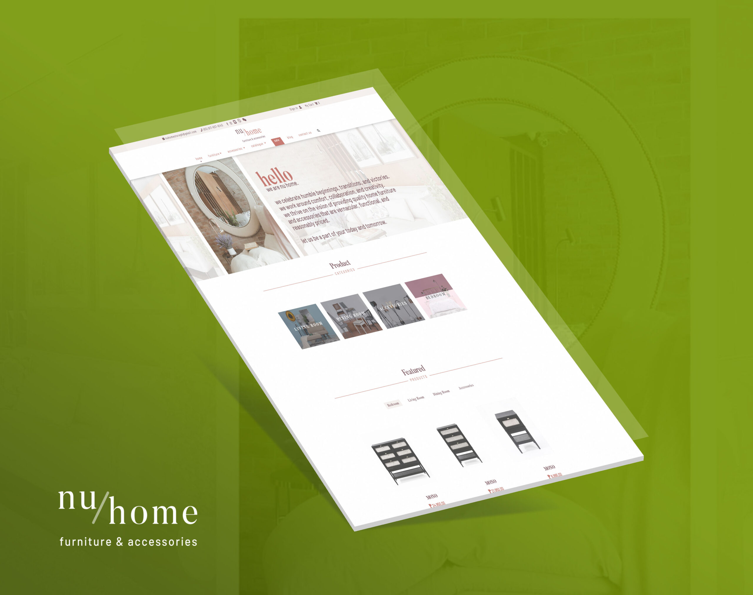 An angled view of the Nuhome furniture and accessories website homepage, shown on a green background.