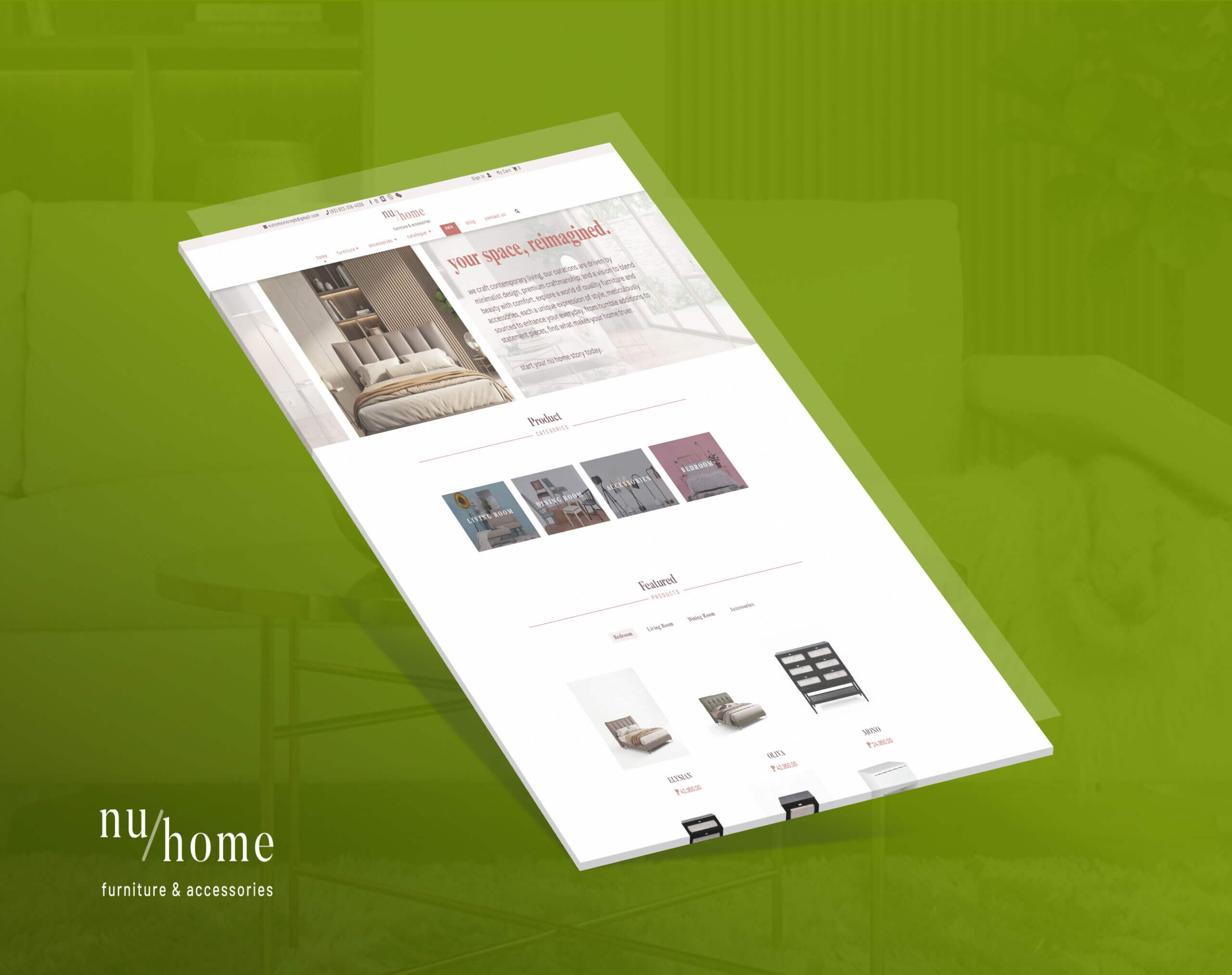 A mockup of the Nu Home furniture and accessories website displayed on a tablet against a green background.