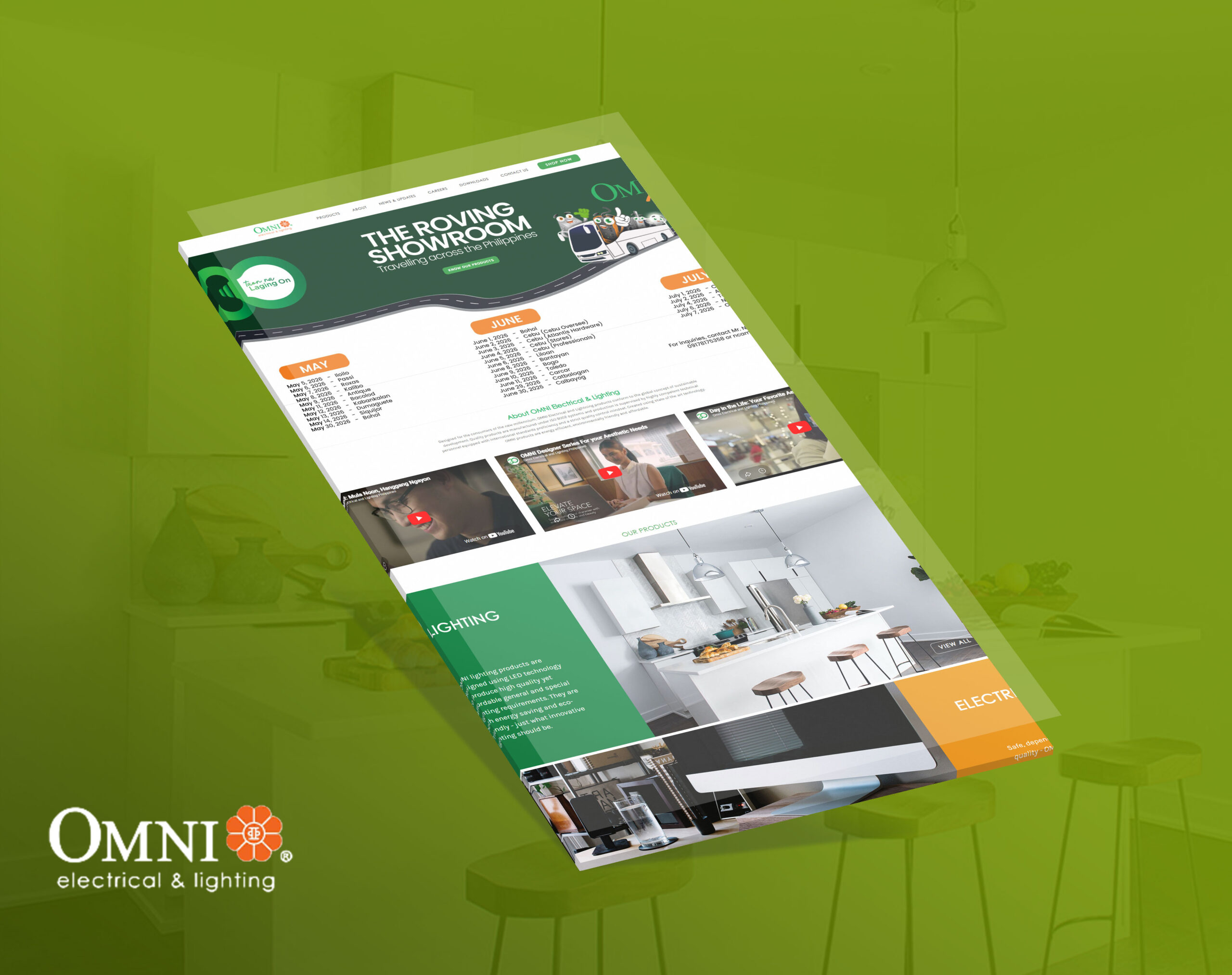 Mockups of the Omni website shown at a tilted angle against a green background, highlighting its clean design and product displays.