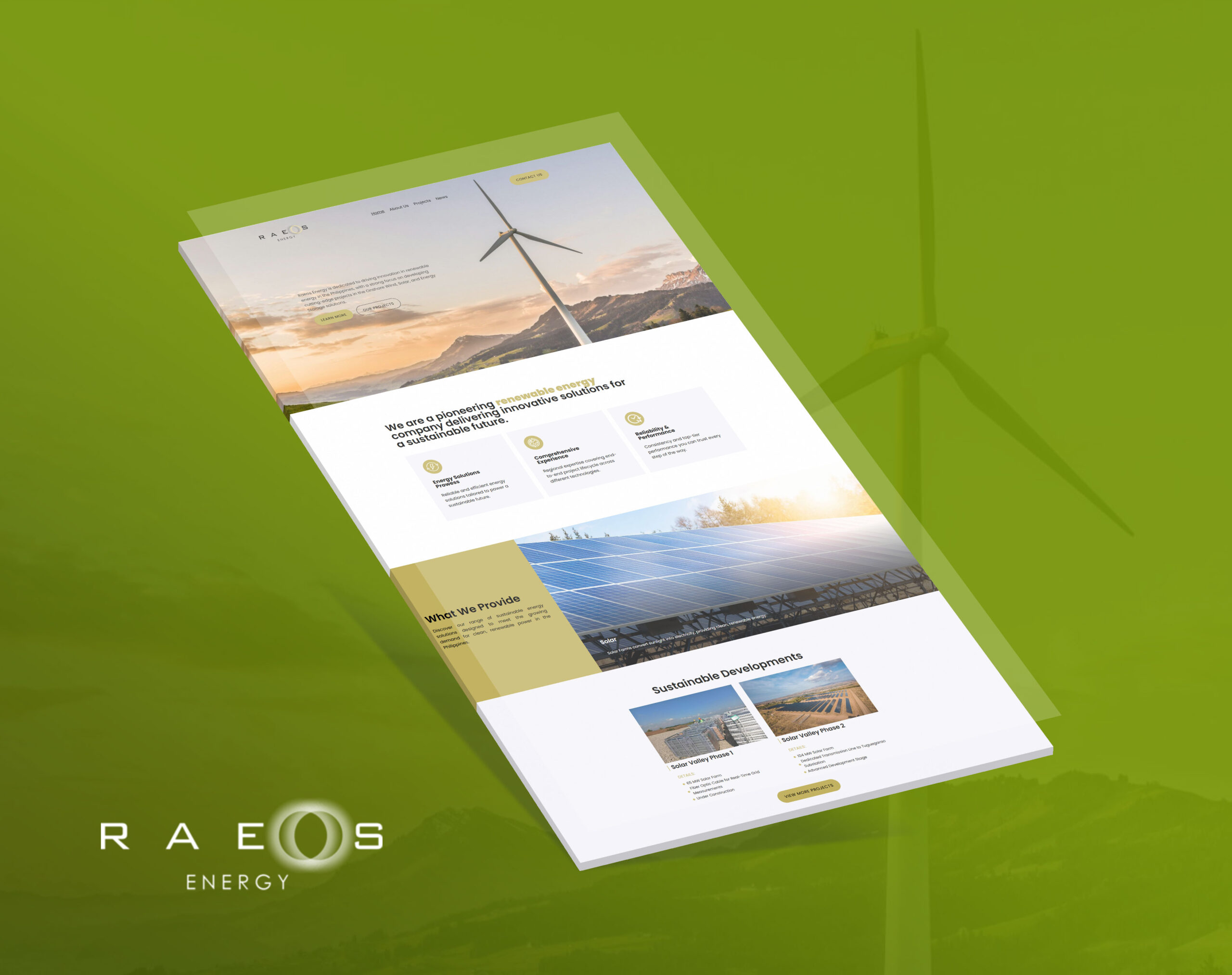 An angled view of the Raeos Energy website displayed on a green background featuring a wind turbine and solar panels in its imagery.