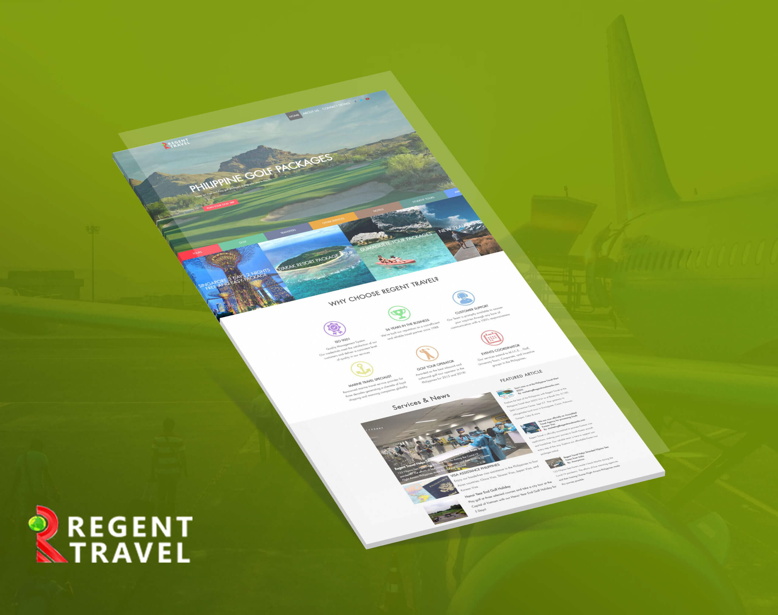 A mockup of the Regent Travel website shown at an angle against a green background with an airplane graphic.