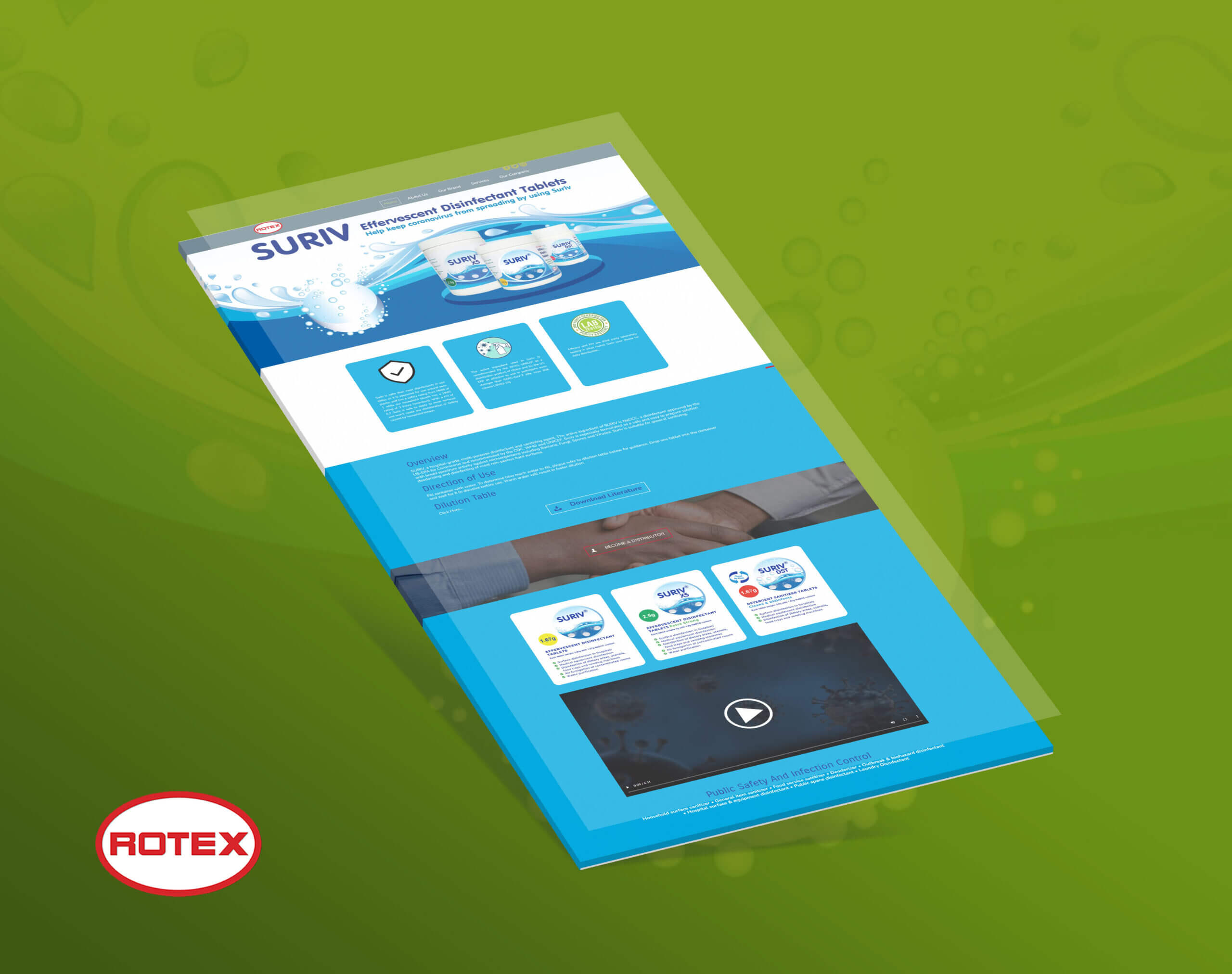 A webpage for Suriv effervescent disinfectant tablets is shown against a green background, with the Rotex logo in the bottom left corner.