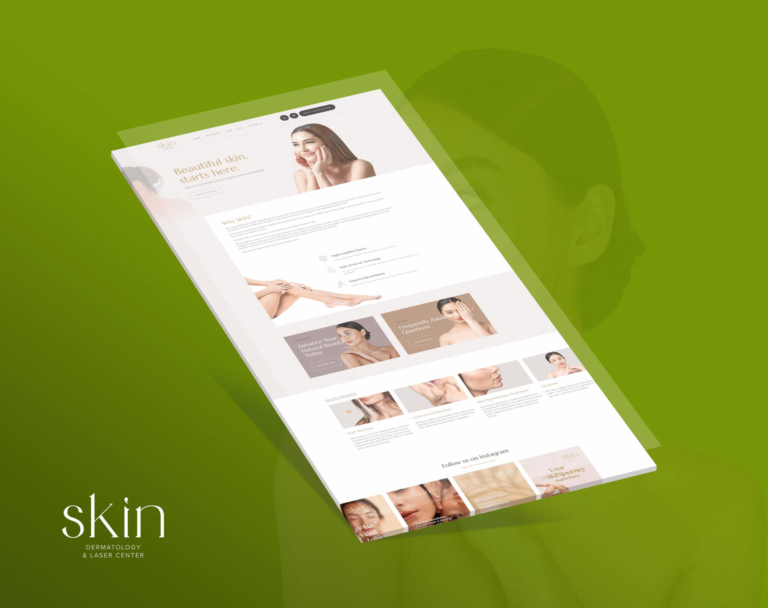 A 3D perspective mockup of "The Skin Derma" dermatology and laser center website homepage displayed on a bright green background.