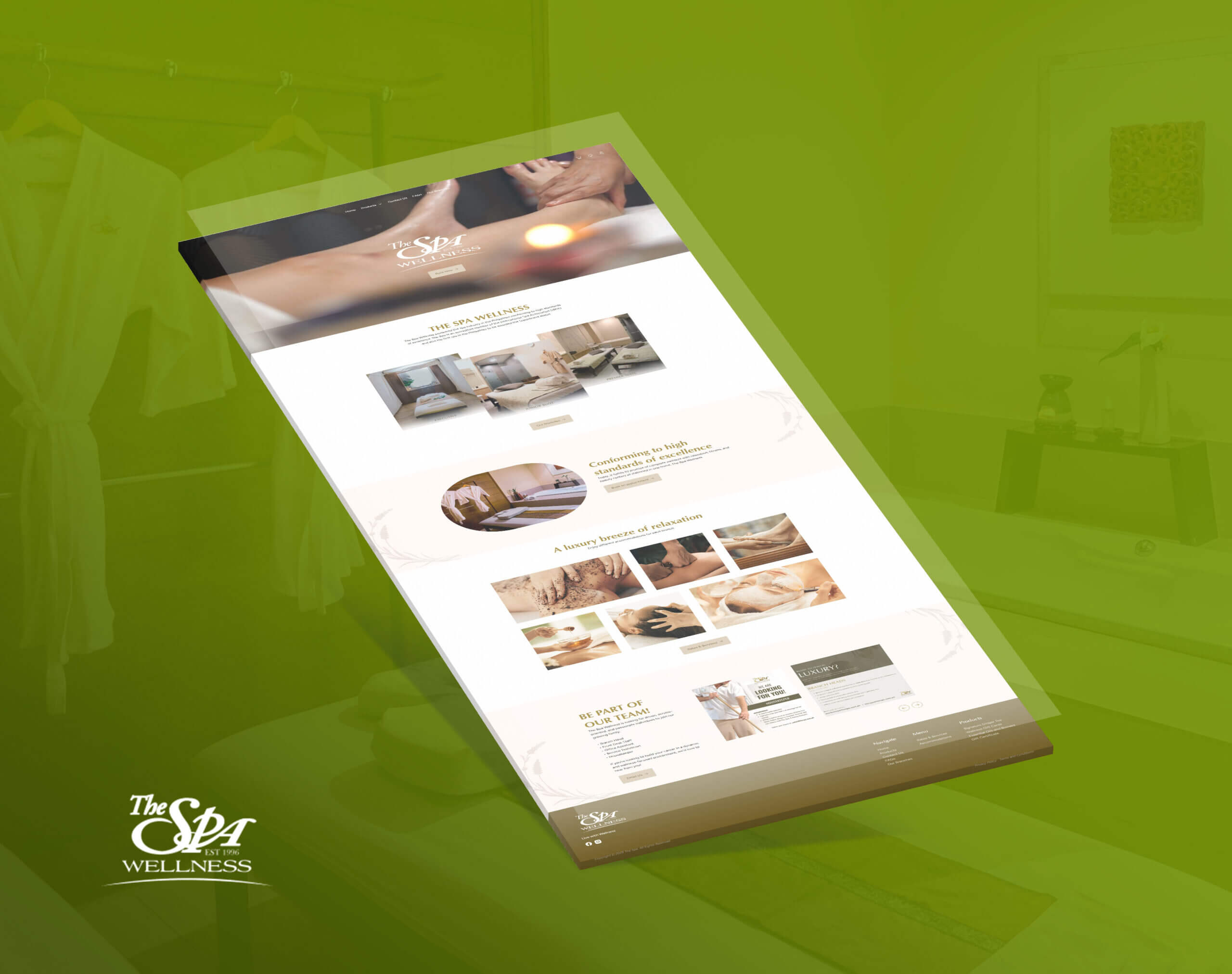 An angled screenshot of The Spa Wellness website homepage, featuring a soothing massage image at the top and sections about spa services, luxury, and career opportunities, all set against a green background with hanging bathrobes.