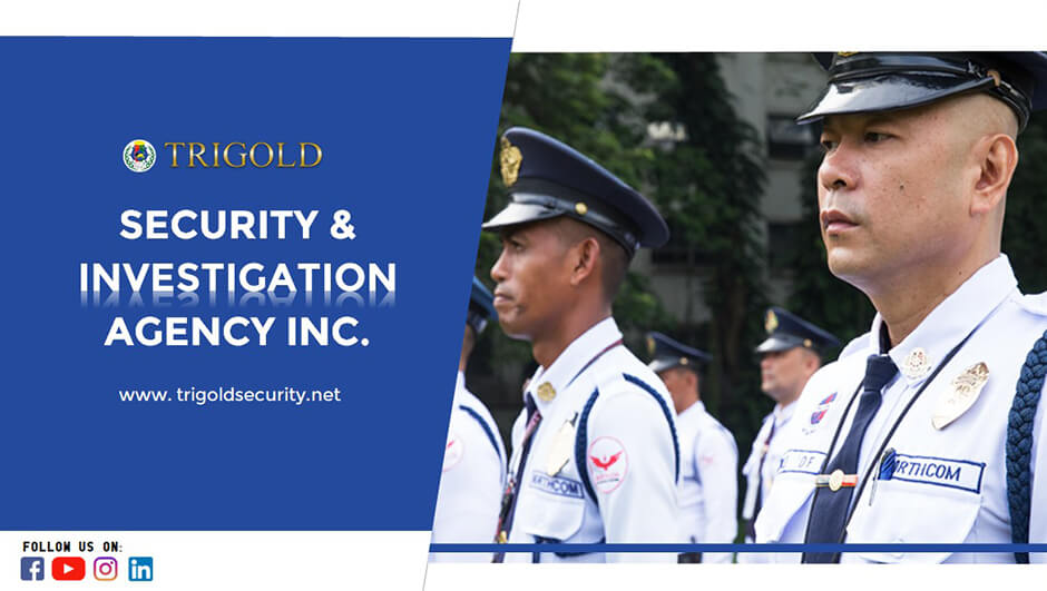 A promotional image for Trigold Security & Investigation Agency Inc., featuring security guards in uniform on the right and company details on the left.