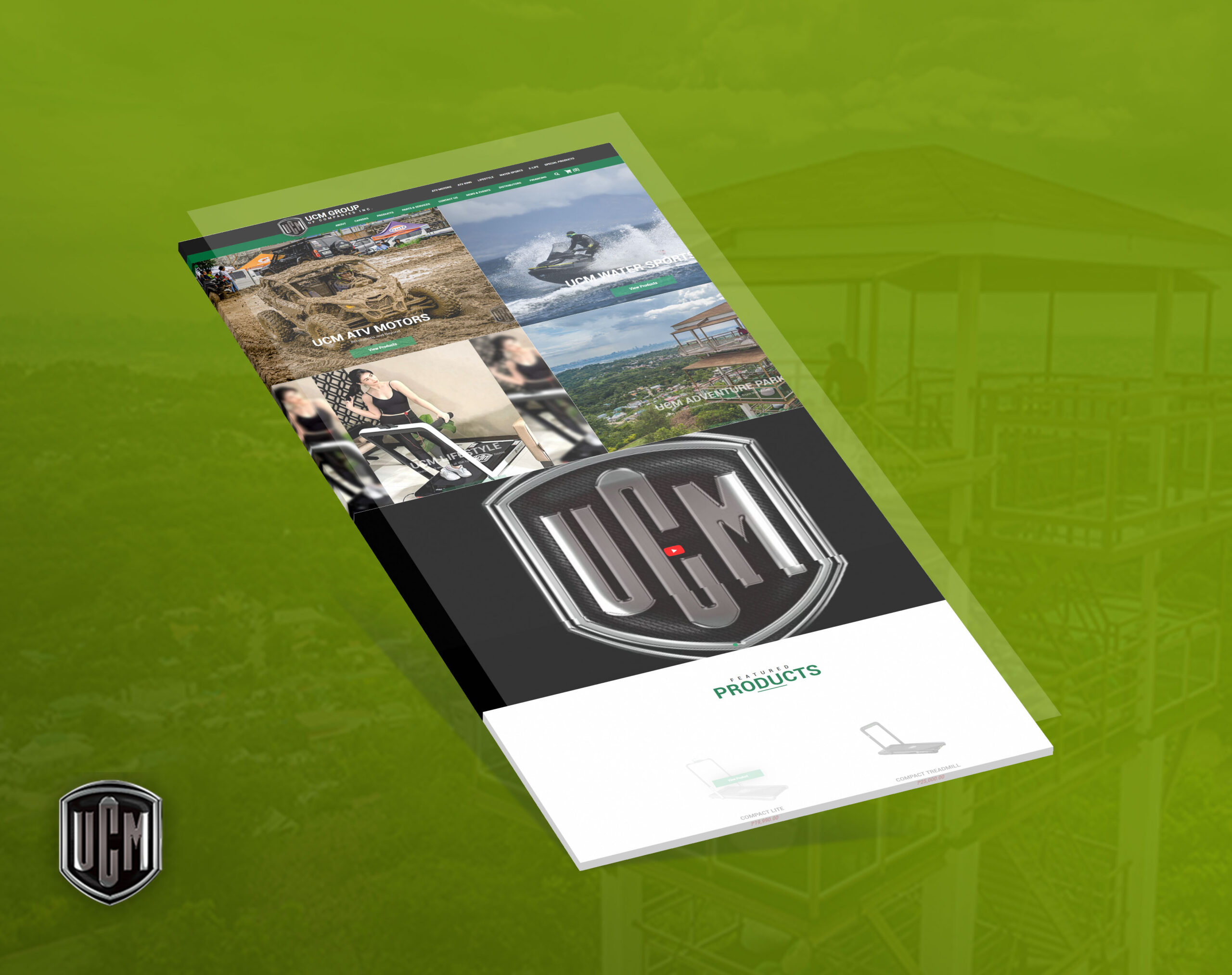 Mockup of the UCM Group of Companies website displaying various product categories like ATV motors, water sports, lifestyle items, and adventure park features.