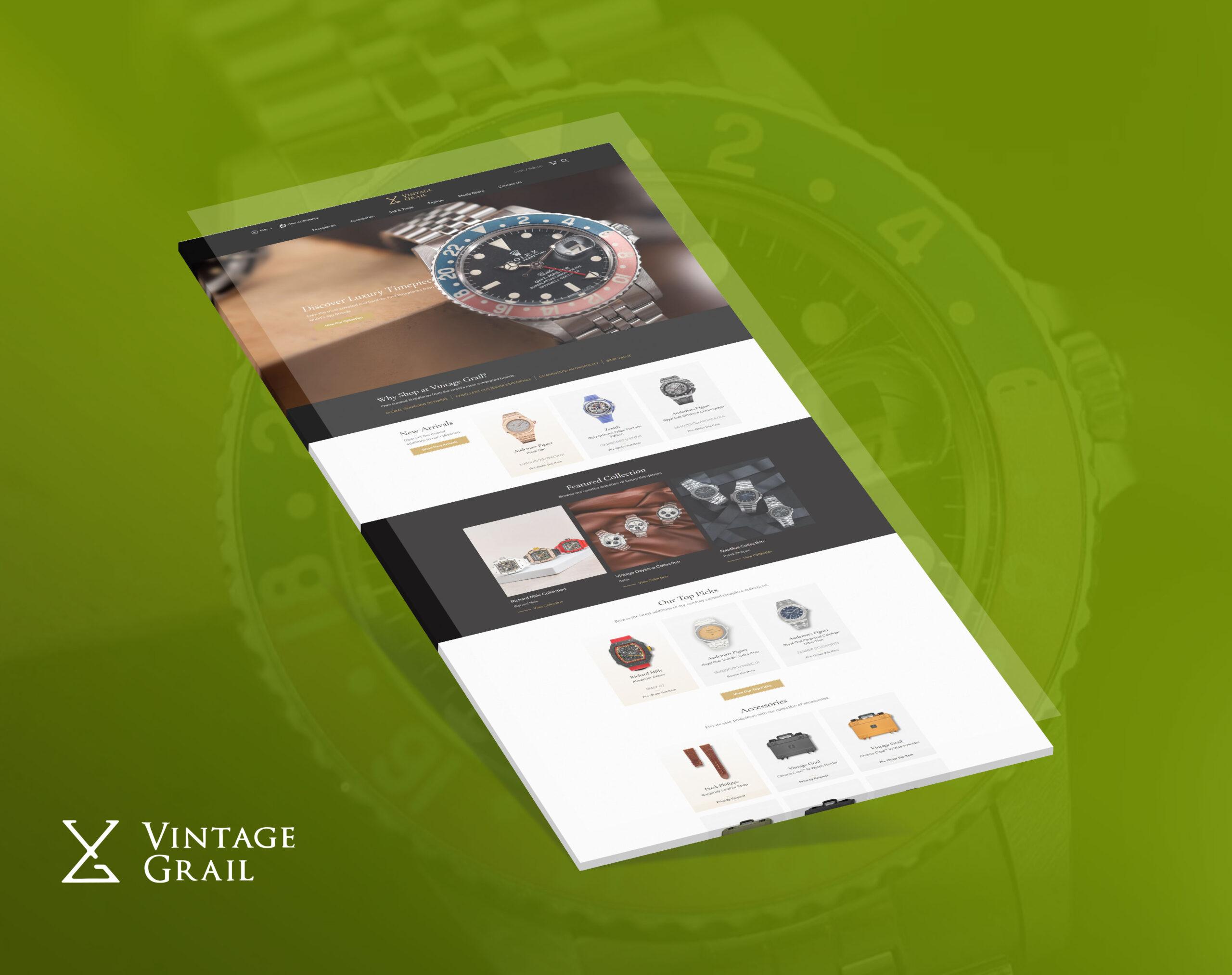 A webpage displaying luxury watches from Vintage Grail is shown at an angle against a green background, with the company logo in the bottom left corner.