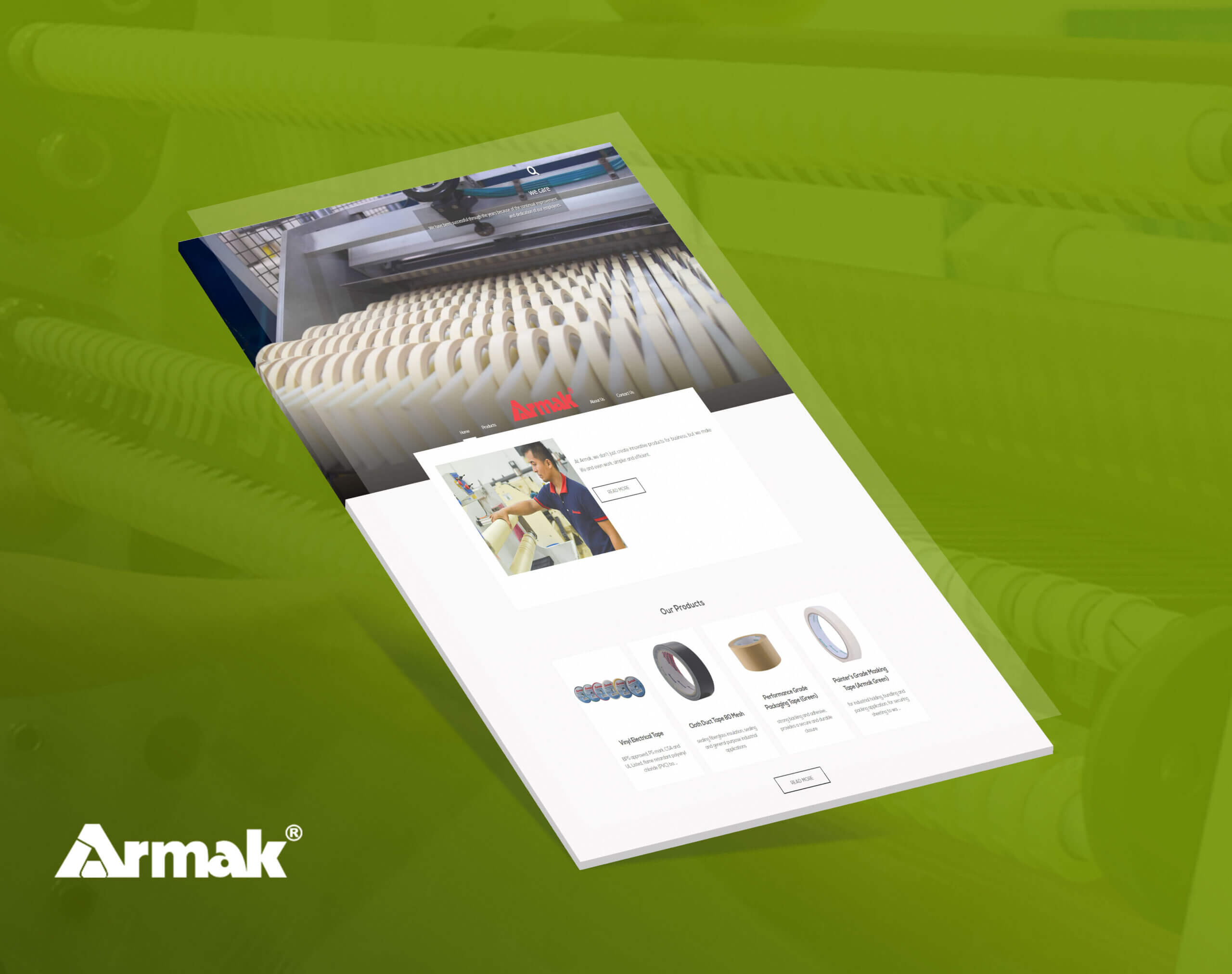 A mockup of the Armak website shown at an angle against a green background, displaying product categories like electrical tape, duct tape, and masking tape.