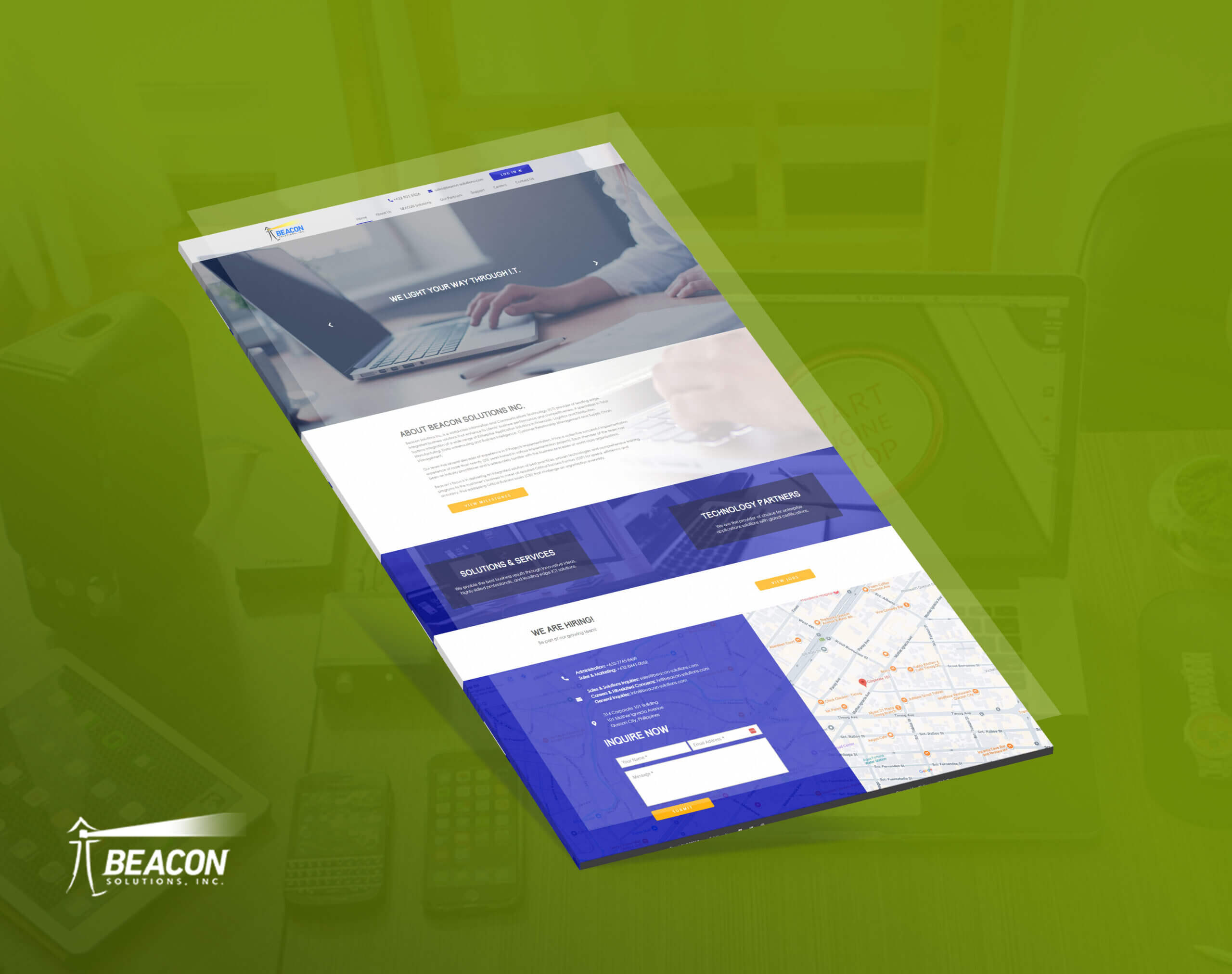 A perspective mockup of the Beacon Solutions website landing page on a green background.