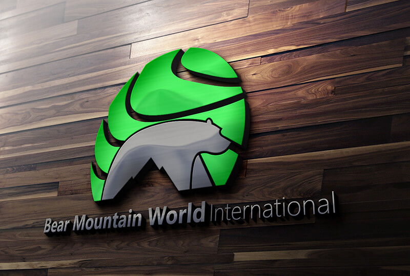 A 3D company logo for Bear Mountain World International on a dark wood grain wall, featuring a silver bear silhouette against a green mountain graphic.