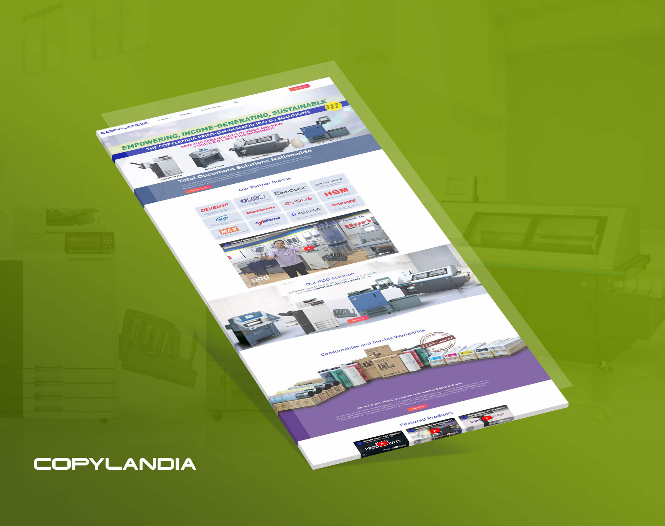 A tilted, angled screenshot of the Copylandia website homepage, presented against a green background with large white Copylandia text at the bottom.