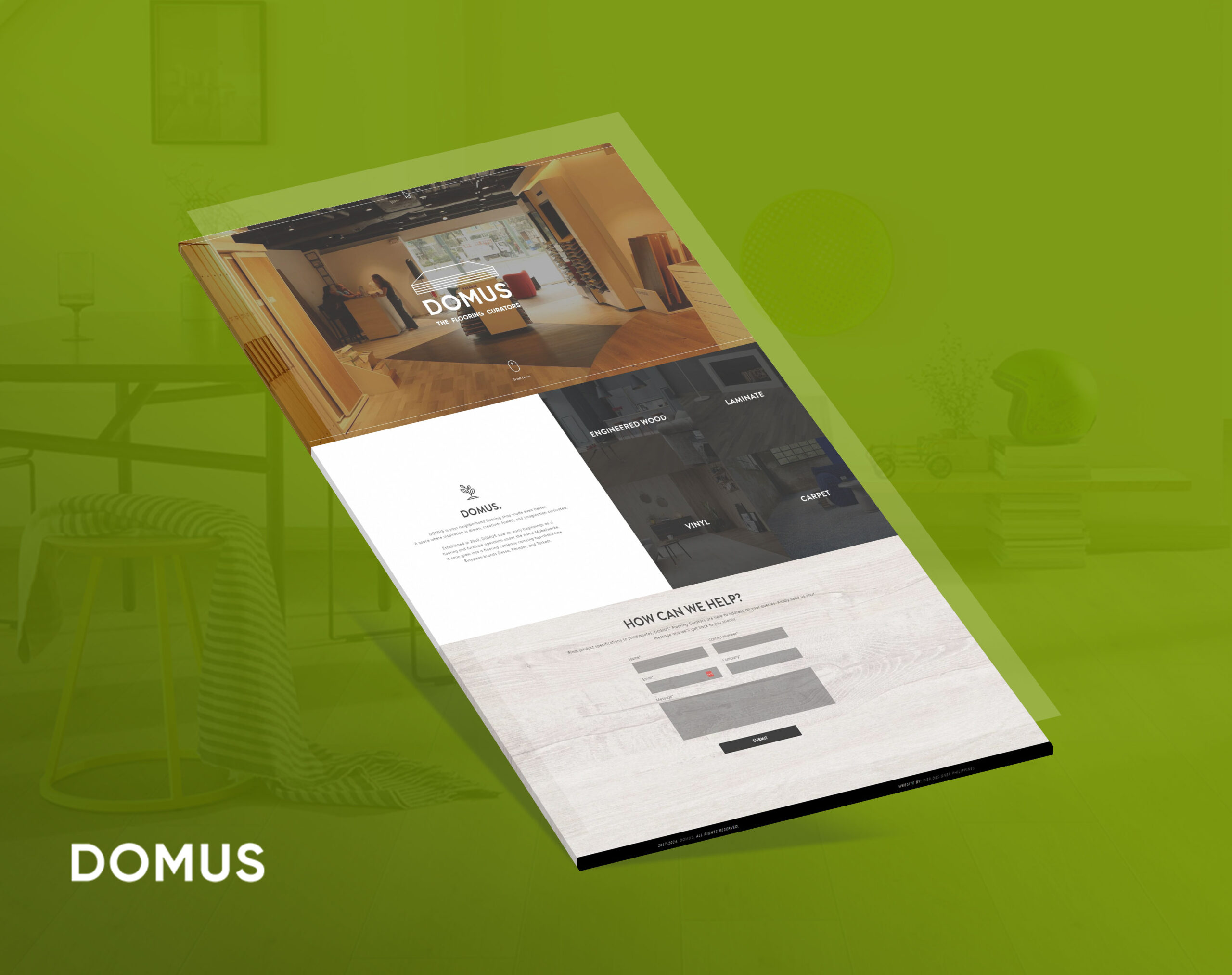 A 3D perspective mockup of the Domus flooring website displayed against a green background.