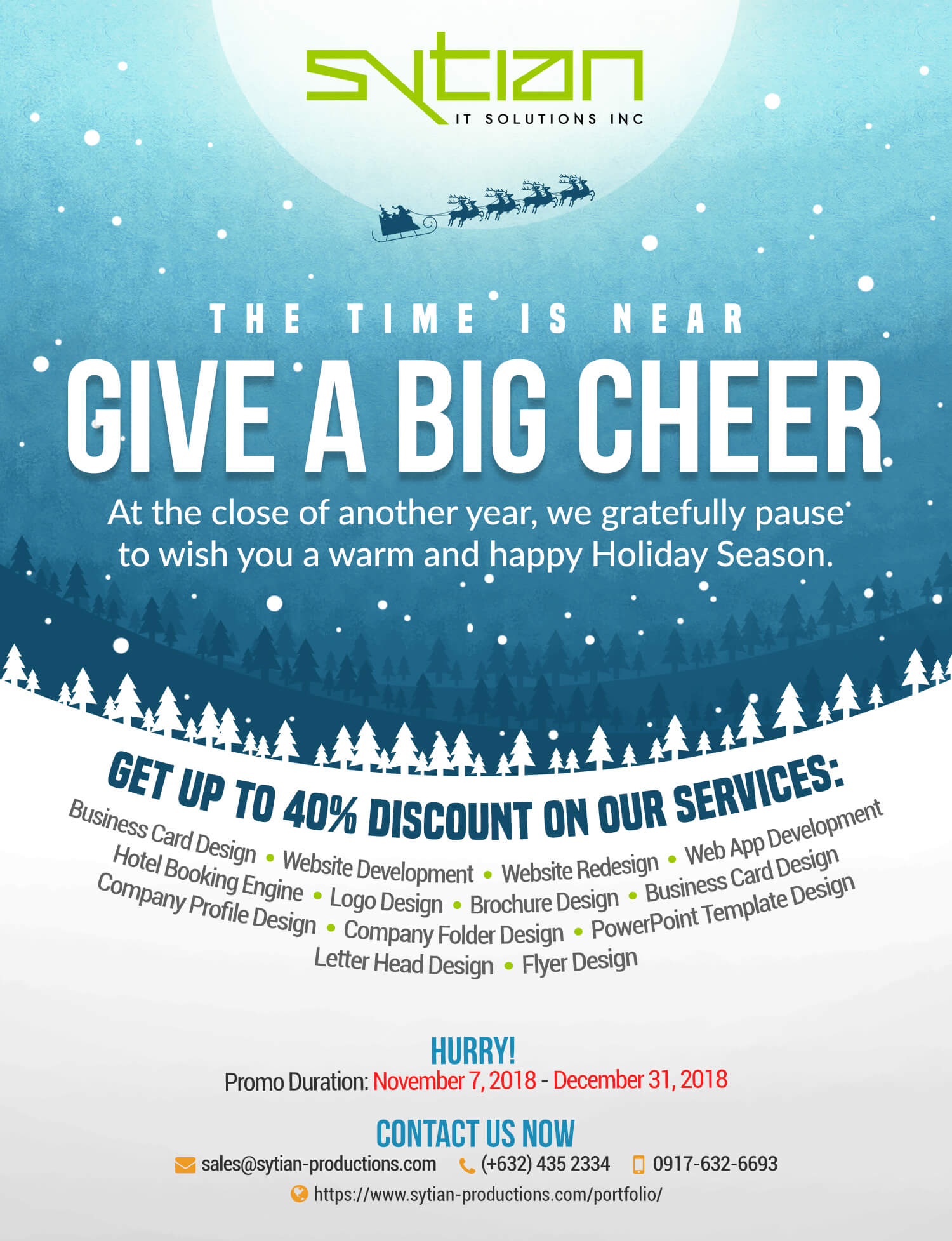 A Facebook ad from Sytian IT Solutions offering up to 40% discount on services with a winter holiday theme.