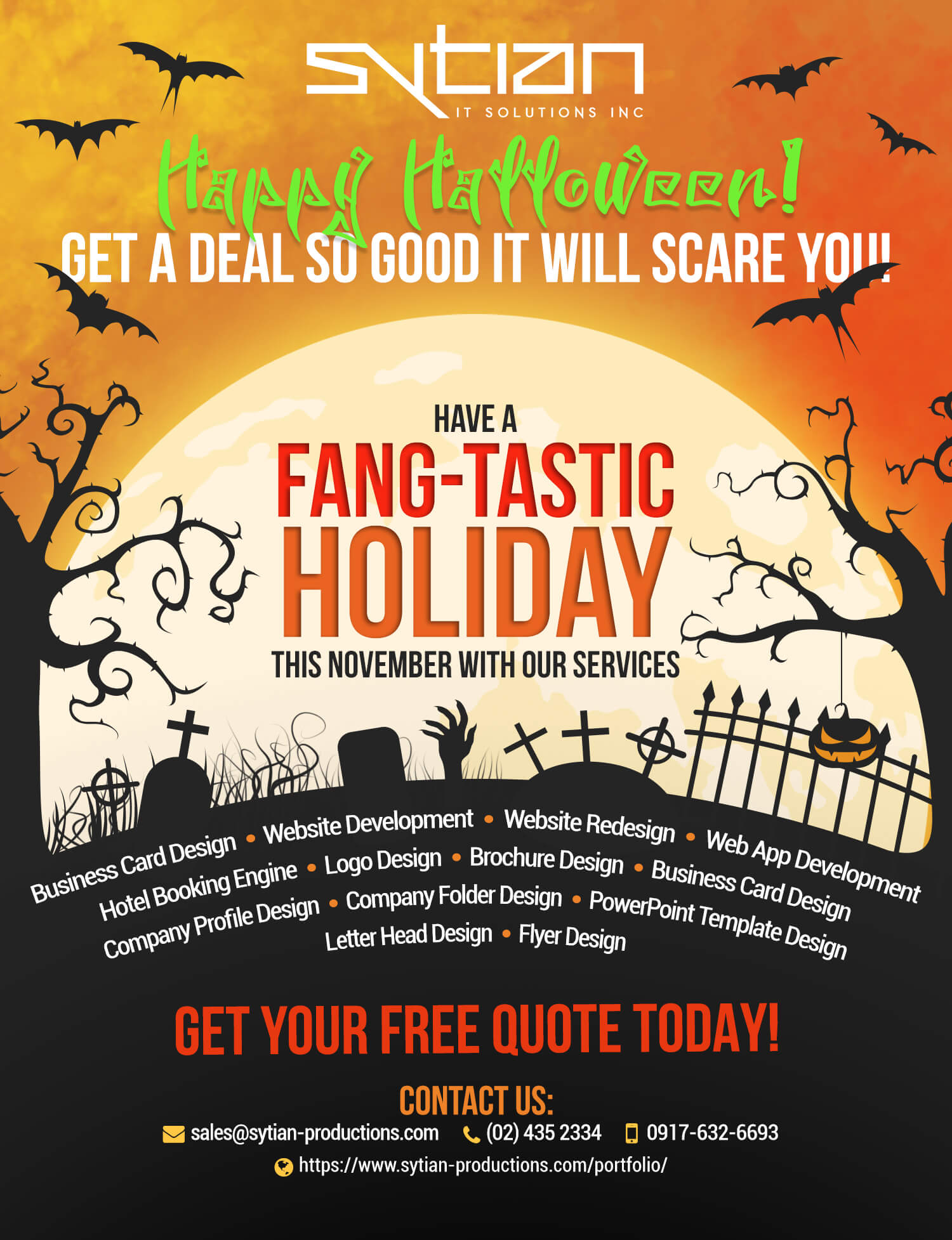 A Halloween-themed digital ad by Sytian IT Solutions Inc. featuring a spooky graveyard scene against a full moon, with text promoting discounts on web development and design services, plus contact details.