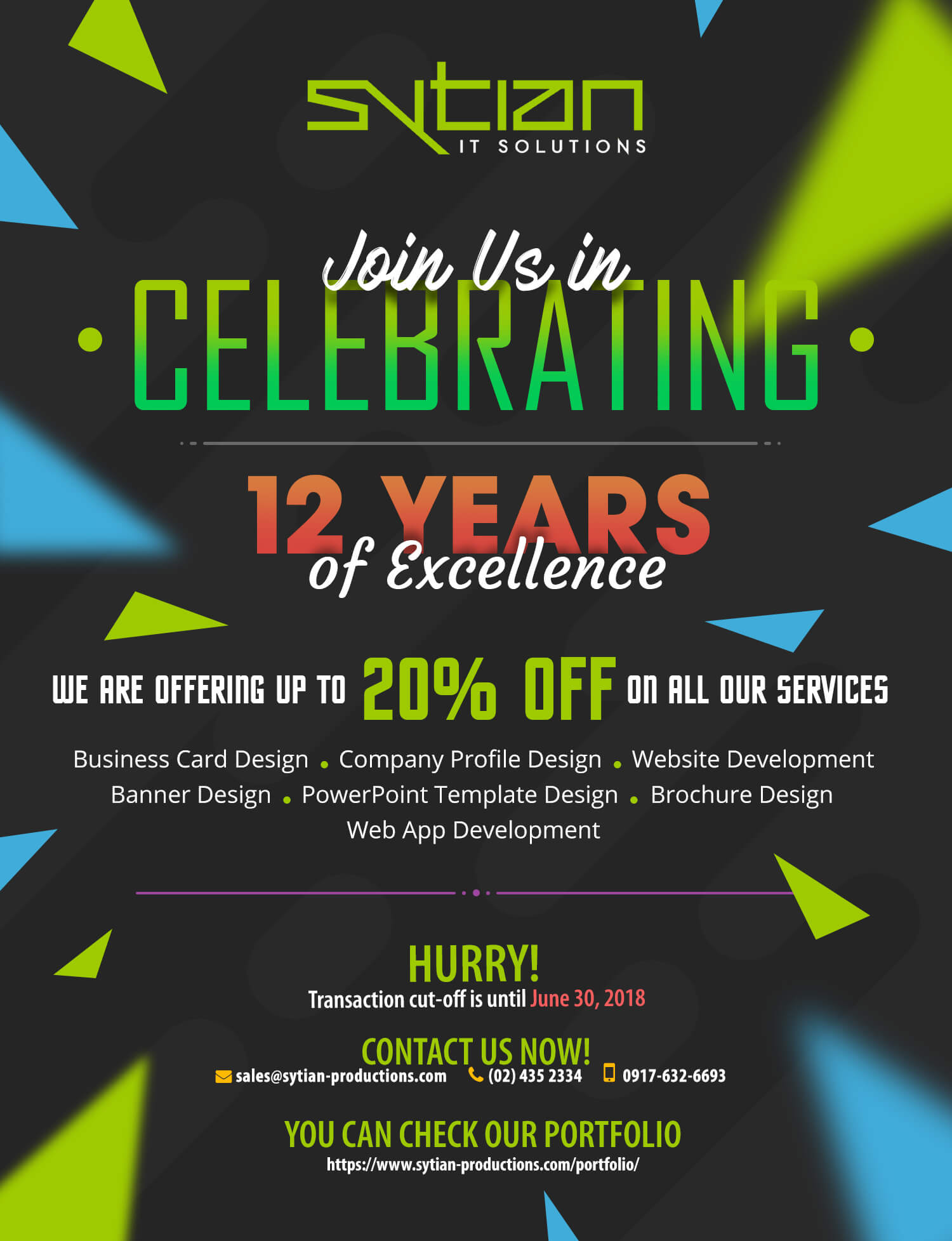 A promotional ad for Sytian IT Solutions celebrating 12 years of excellence with a 20% discount on services, including contact and portfolio details.