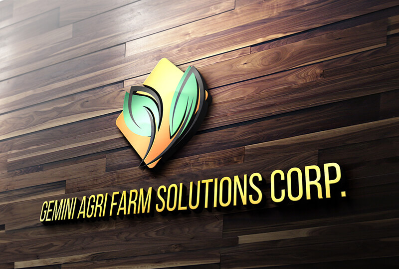 A 3D logo featuring green leaves and a yellow-orange diamond shape, mounted on a dark wood-paneled wall, accompanied by the text GEMINI AGRI FARM SOLUTIONS CORP. in yellow letters below it.