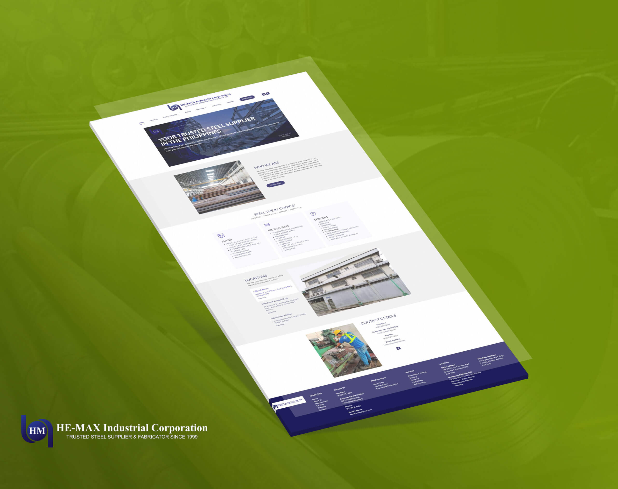 A mockup of the He-Max Industrial Corporation website displayed on a transparent, angled screen against a green background with stacked steel coils.