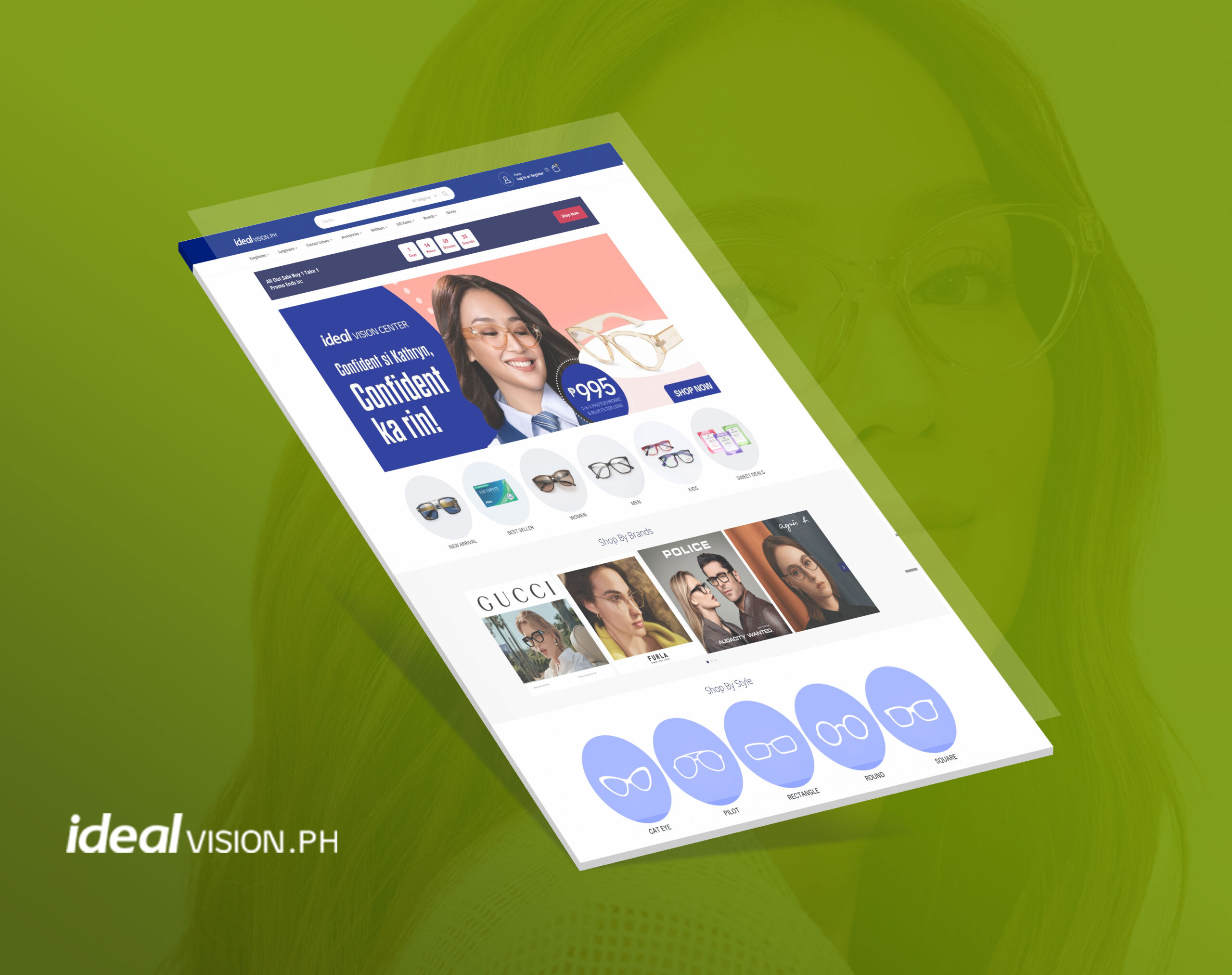 An angled view of the Ideal Vision website homepage displayed on a white screen, set against a green background with a faint translucent image of a person wearing glasses.