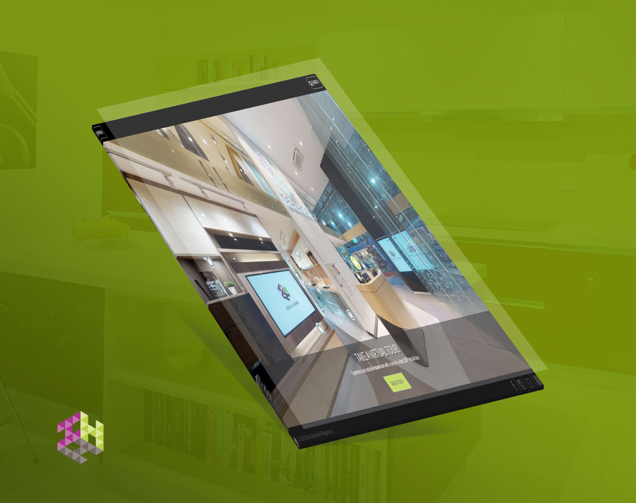 A 3D perspective mockup of a modern interior design website homepage, featuring a virtual showroom tour against a solid green background.