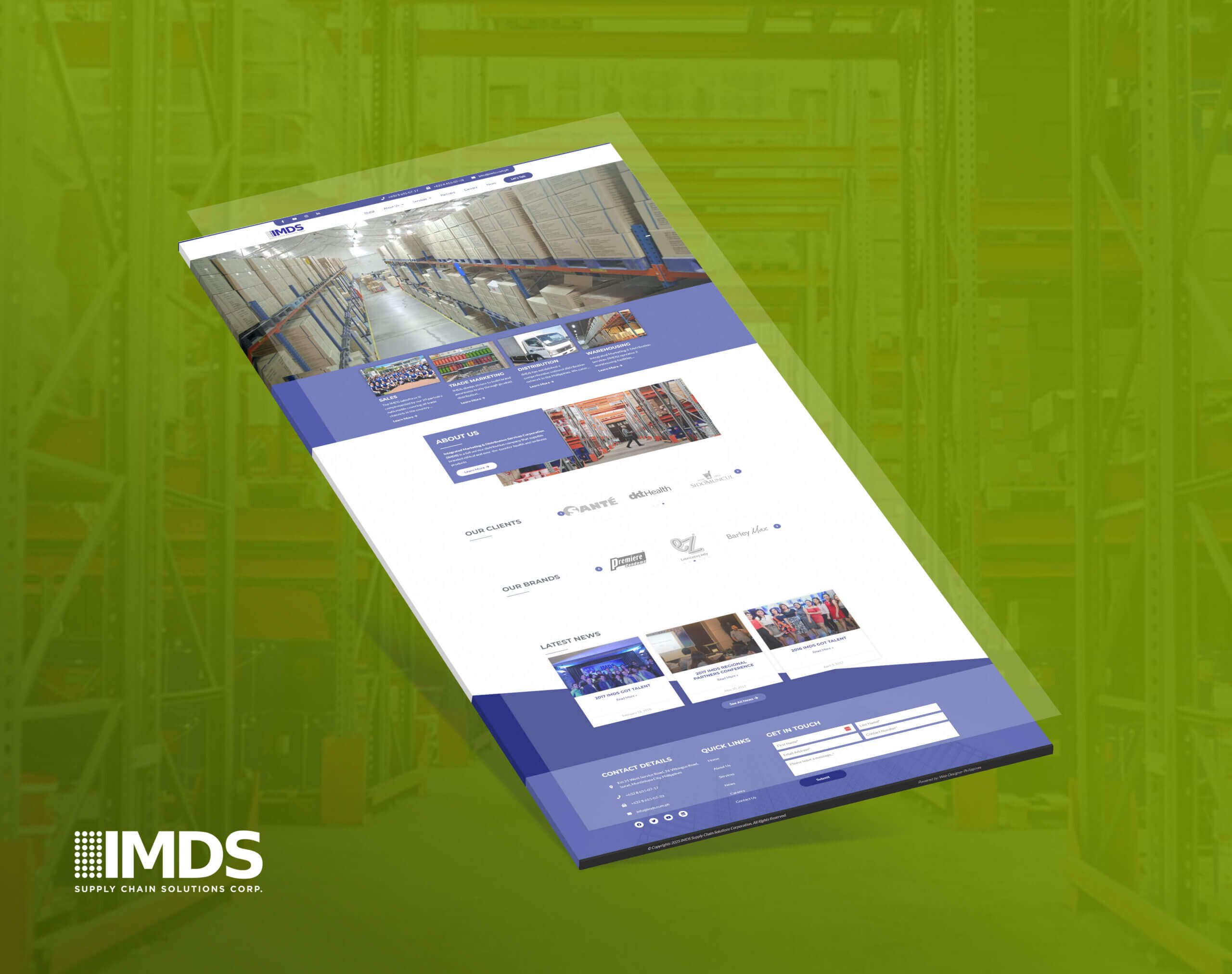IMDS website showcase in a warehouse, featuring services like warehousing and distribution.