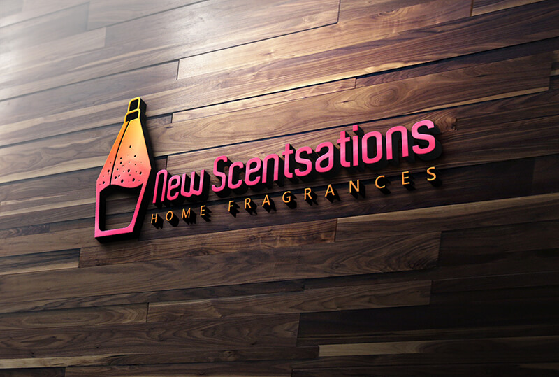 The New Scentsations Home Fragrances logo is mounted on a wooden wall.