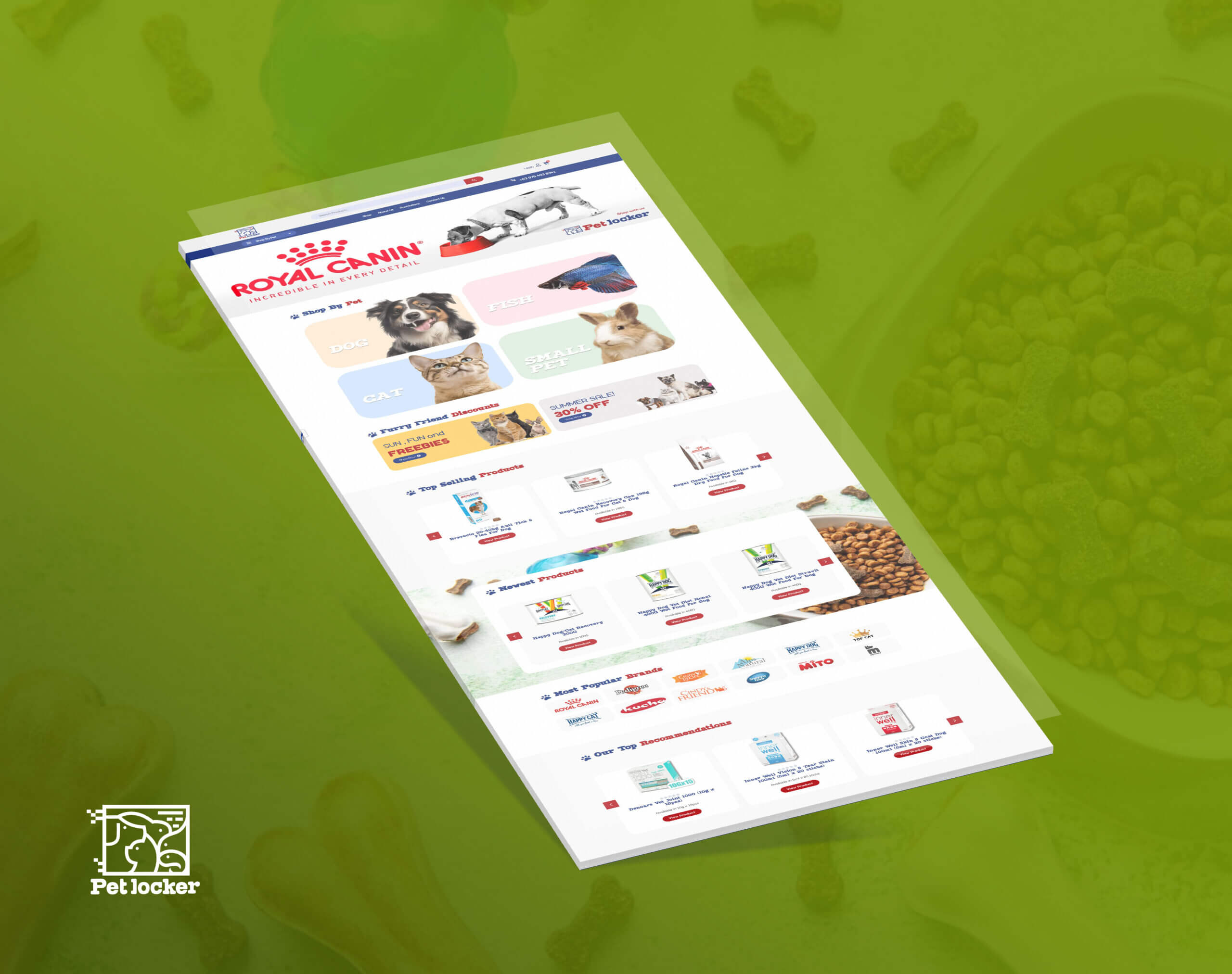 A screenshot of the Pet Locker pet supply e-commerce website, featuring categories like Royal Canin, dog, cat, fish, and small pet products, displayed against a green background with dog biscuits.