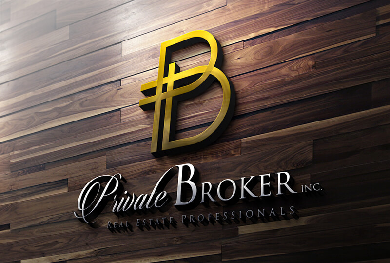 A 3D gold and silver logo for "Private Broker Inc. Real Estate Professionals" mounted on a dark wood slat wall.