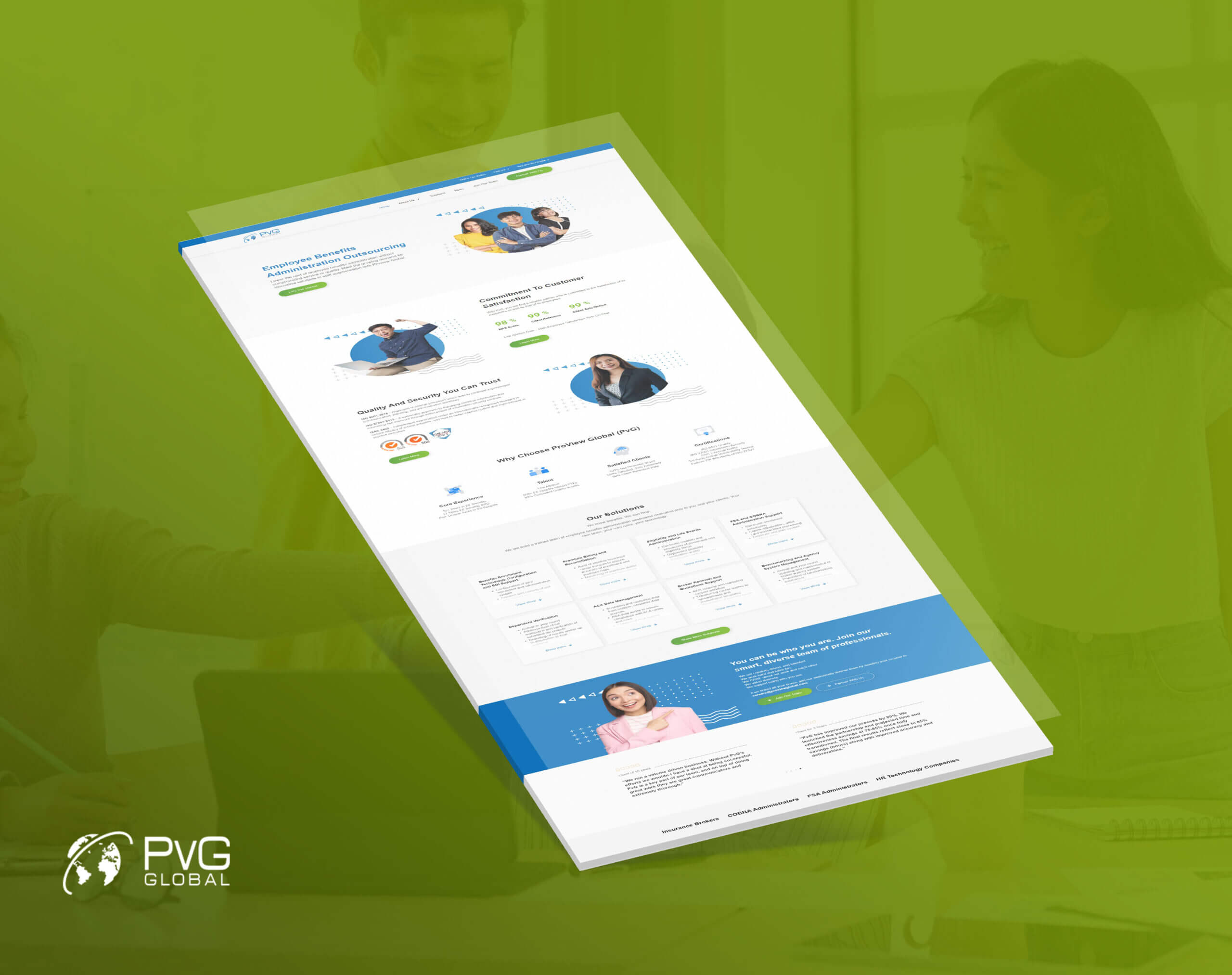 A tilted webpage mockup showing the ProView Global (PVG) homepage services, set against a green-toned office background with smiling professionals.
