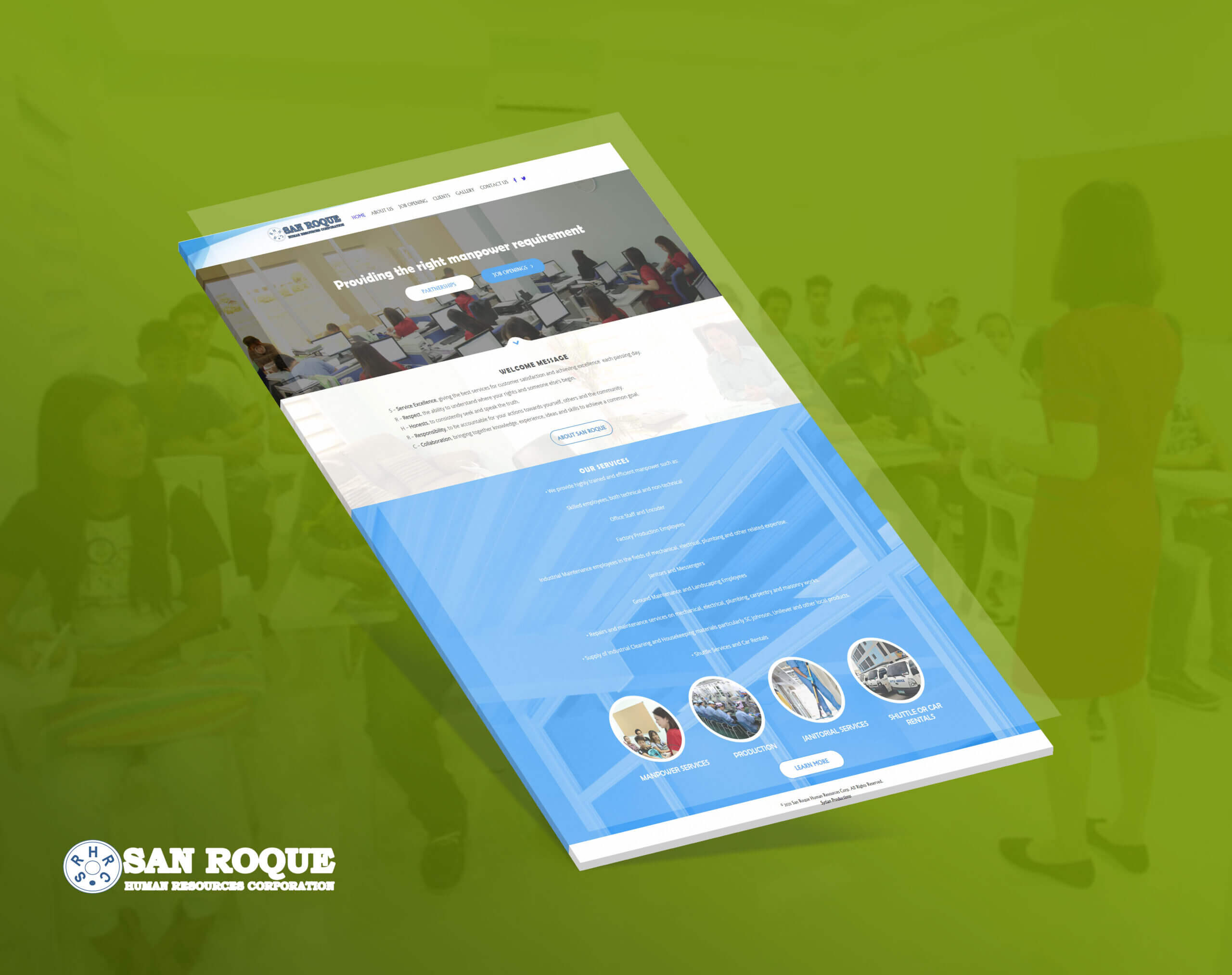 Website mockup for San Roque Human Resources Corporation, showcasing services like manpower, production, janitorial, and car rentals.