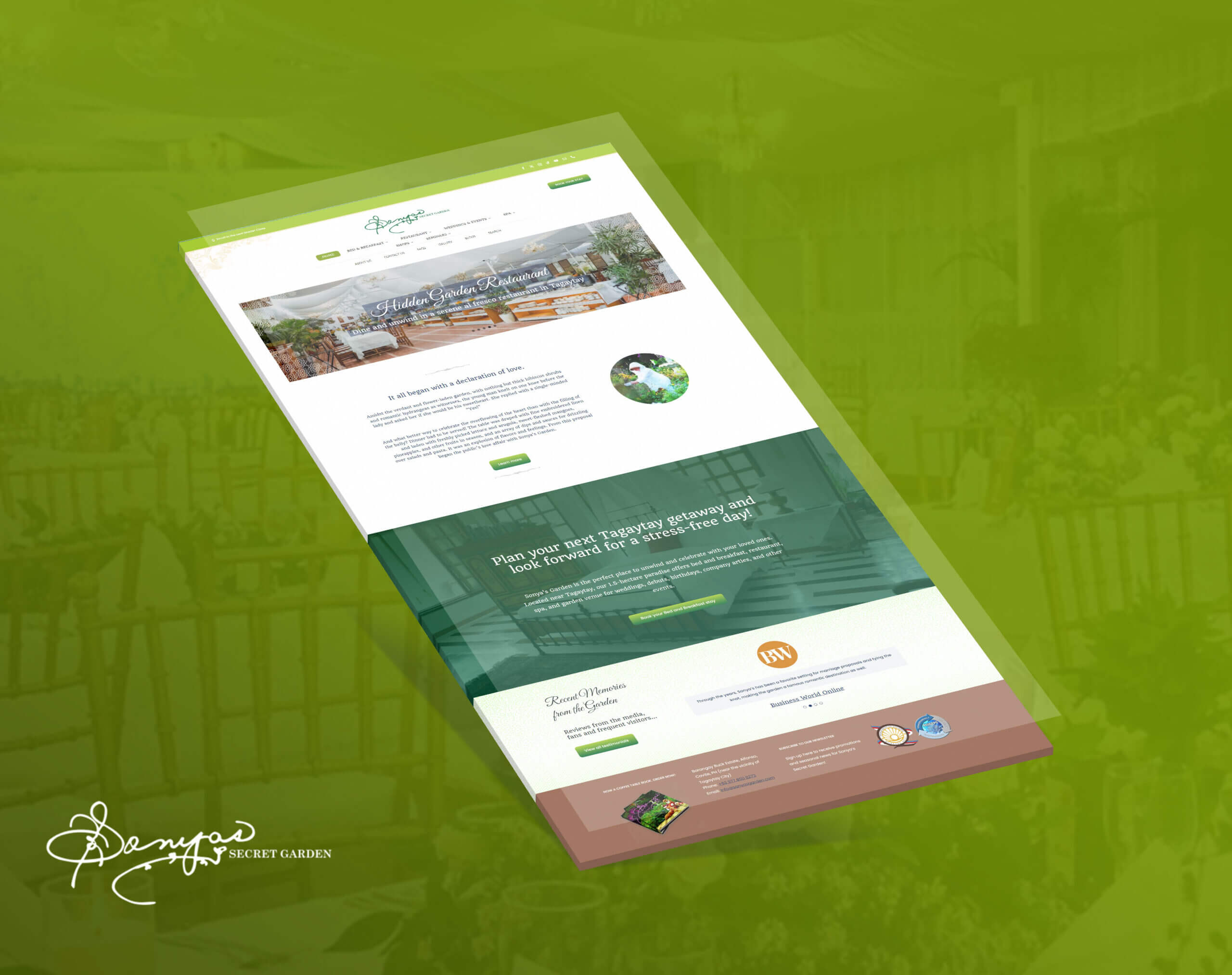 A webpage mockup of Sonya's Garden on a green background.