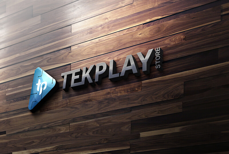 The Tekplay Store 3D logo, featuring a blue triangular play icon with "tp" inside and metallic lettering on a wooden slat wall.